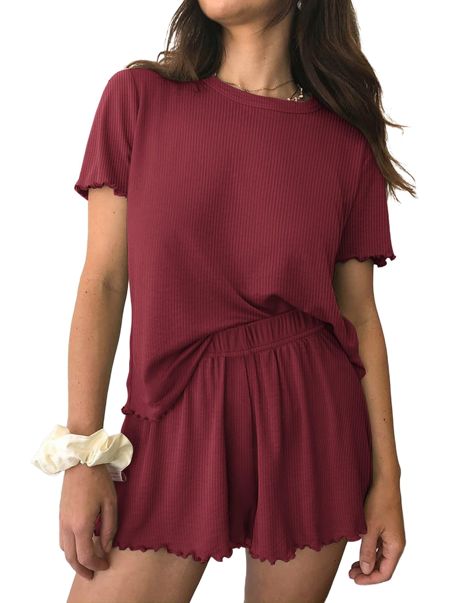 Ekouaer Damen Schlafanzug Gestrickt Pyjama Set Rundhals Kurz Nachtwäsche Mit Rüschen Zweiteiliger Weich S-XXL