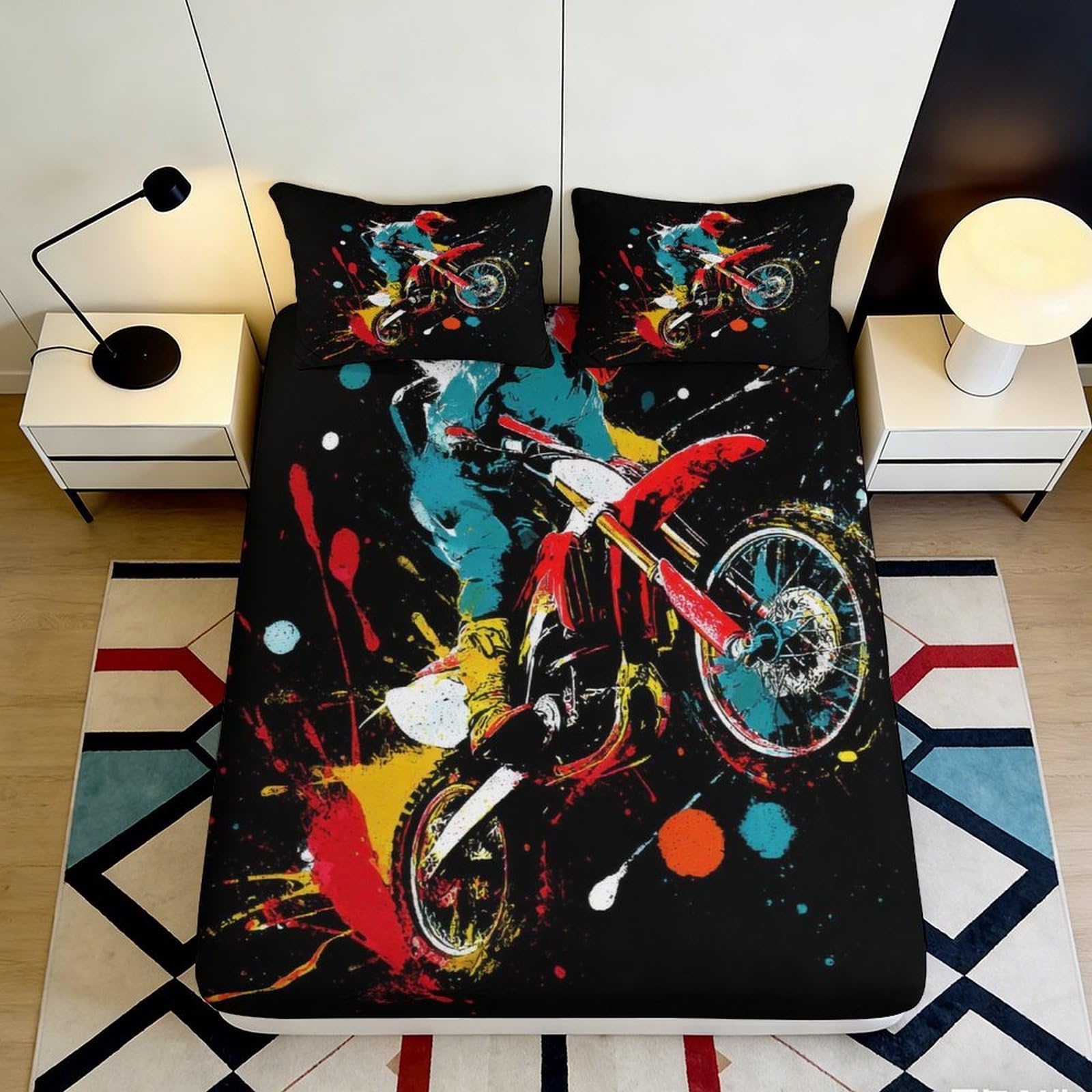 Pnayamiorkfel Style-7 3D Printed Motocross Graffiti Fitted Sheet Microfiber Bed Cover, Anti-Slip Washable, Bedroom Decor, All Ages 90X200x25cm