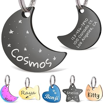 Anavia Small Size Dog Cat ID Tags, Small/XS Personalized Color Plated Stainless Steel Puppy Kitten Name Tags, Customized Engraved Nameplate Pet Collar Tag Black, Moon
