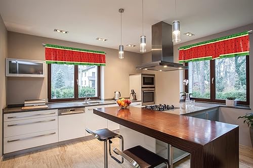 Miniatura 5 de Cenefa de cortina corta opaca con bolsillo para barra de sandía roja y verde para decoración de cocina, dormitorio, 52 x 18 pulgadas, rojo y verde,
