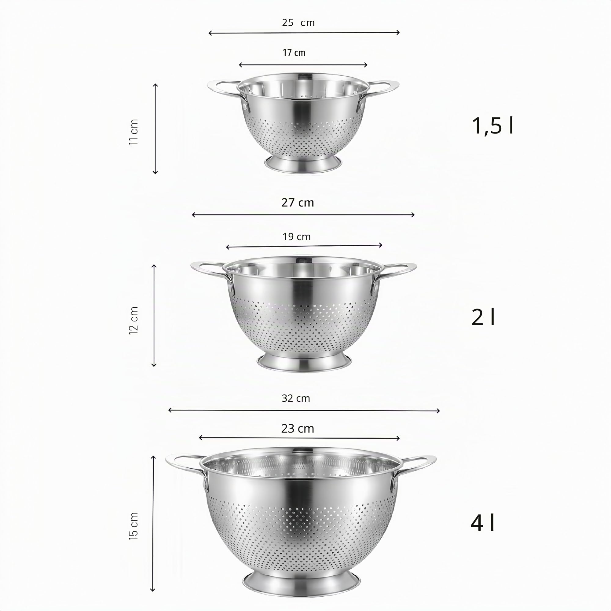Seiher Set mit 3 Edelstahlsieb mit Griff & rundem Boden Metall Lebensmittelsieb für Nudeln, Spaghetti, Gemüse, Obst und Reis (Siebschale Durchmesser 17/19/23 cm)