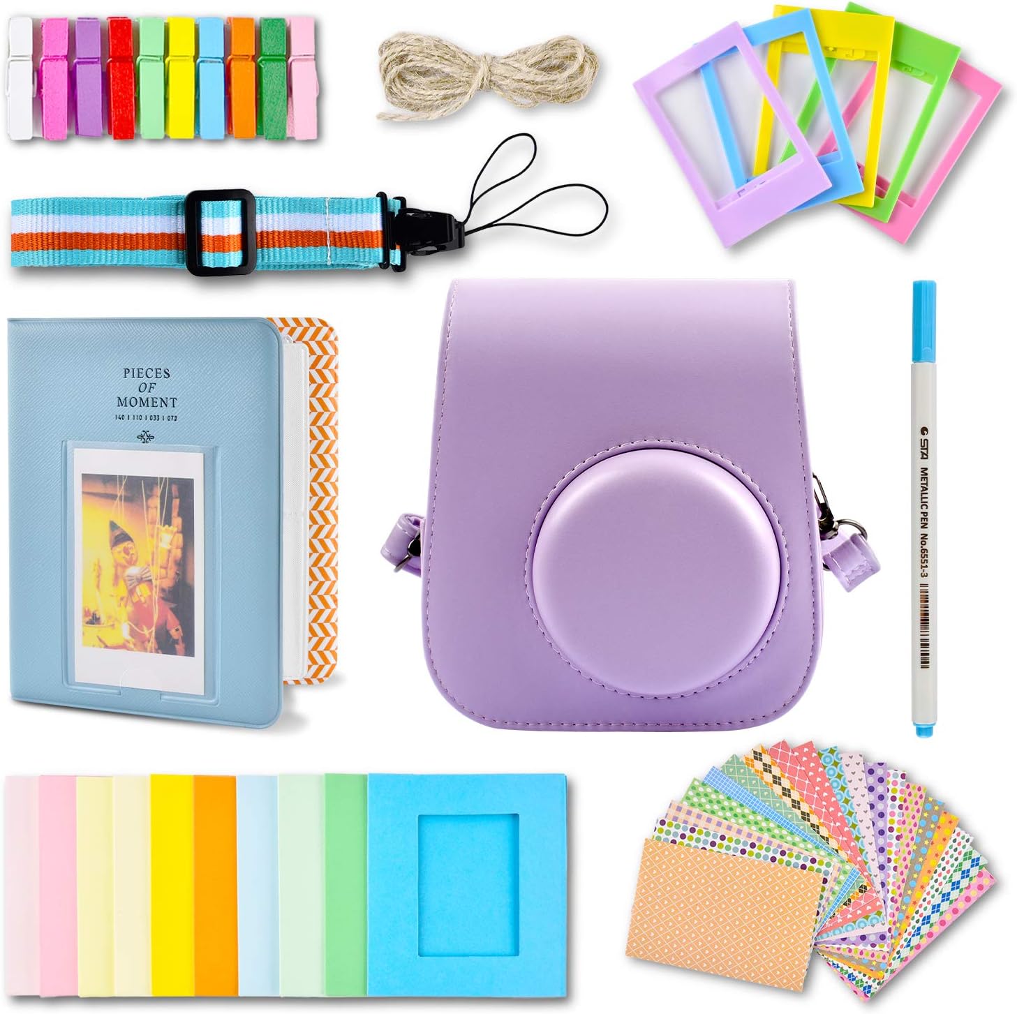 SAIKA Instant Camera Accessories Compatible with Fujifilm for Instax Mini 11, Bundle Set Include Camera Case, Album, Strap, Frames, Stickers, etc. (Purple)