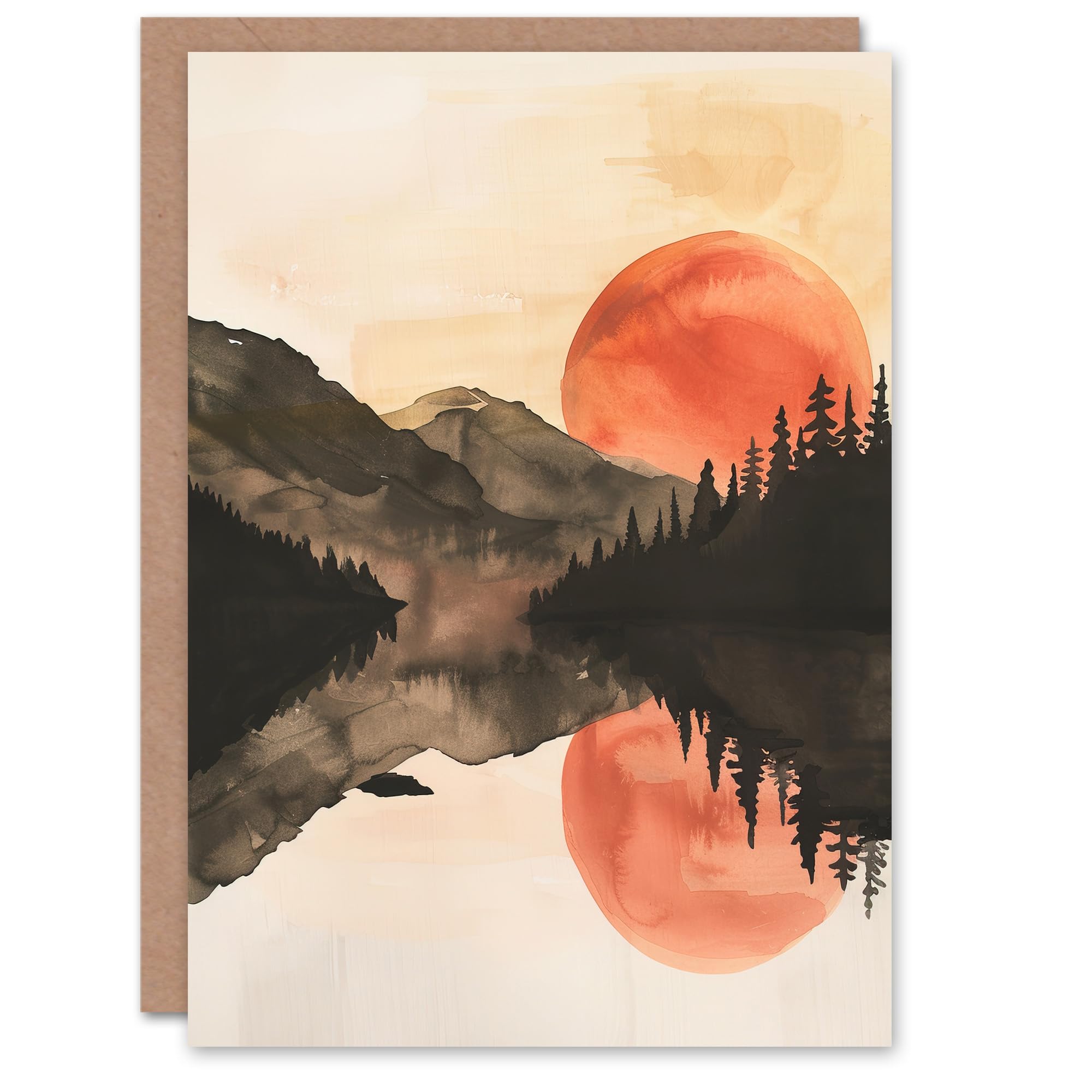 Artery8 Greeting Card Red Sun Setting Behind Lakeside Forest Mountains Blank For Him Or Her Art Birthday Card