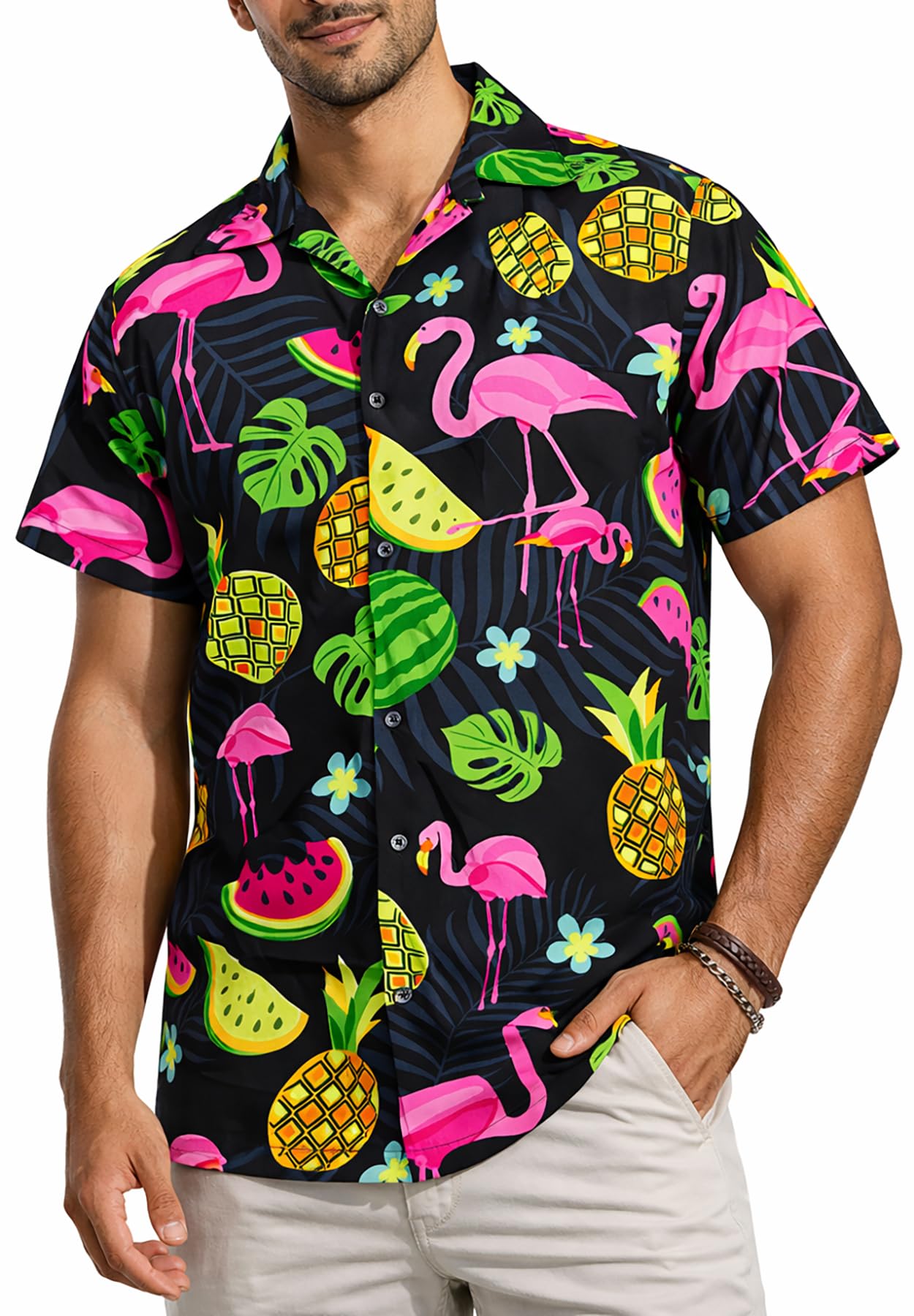 King Kameha Hawaiian Shirt for Men – Tropical Men’s Hawaiian Shirt Short Sleeve, Flamingo Melon, Black, 6XL
