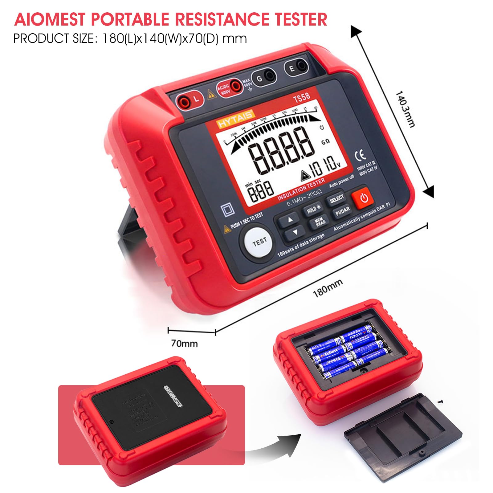 AIOMEST Digital Megohmmeter, 1000V Isolationsmessgerät, 0.1MΩ~20GΩ, 50V/100V/250V/500V/1000V, mit Hintergrundbeleuchtung, Messgeräte für elektrische Geräte wie Motoren und Kabel, T0-TS58