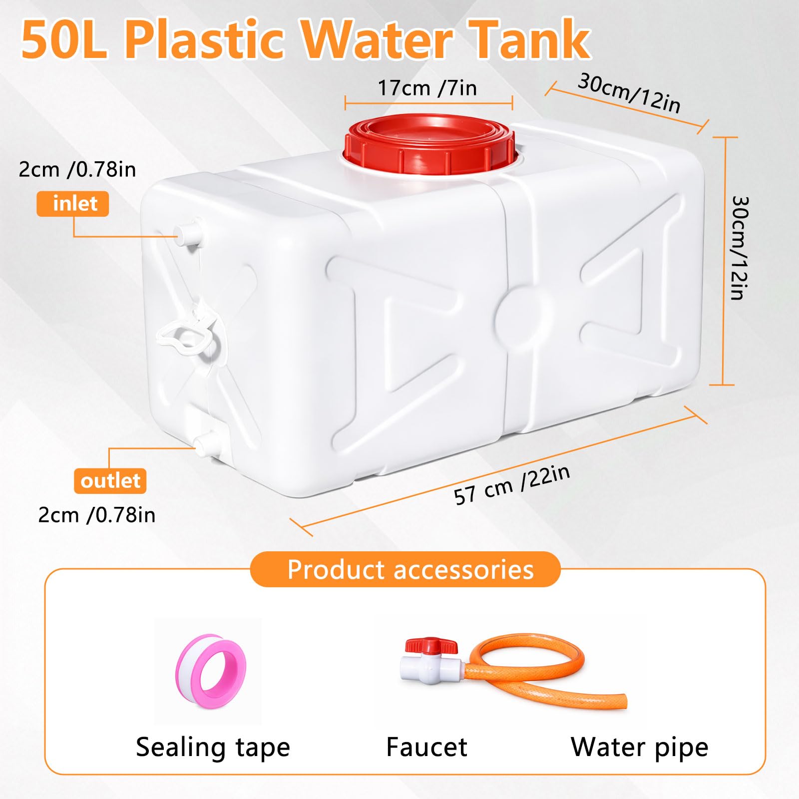 Réservoir d'eau de 50 l - Bidon d'eau avec robinet de vidange - Couvercle à visser - Réservoir d'eau portable en polyéthylène haute densité - Réservoir d'eau en plastique pour camping, camping-car