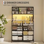 Commode 12 Tiroirs, Grand Coffre de Rangement en Tissu avec Lumière LED et Station de Charge, 3 Étagères Ouvertes, Cadre Métallique et Plateau en Bois Organisateur de Rangement pour Salon, Entrée, Couloir, Chambre