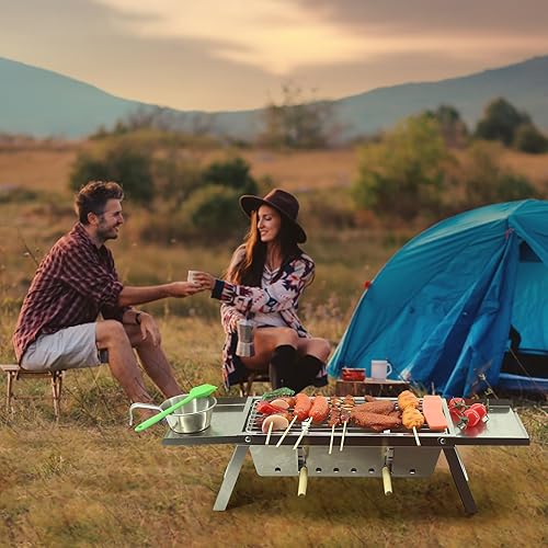 Miniatura 7 de Parrilla de carbón súper portátil, montaje instantáneo, mini parrilla de carbón plegable de acero inoxidable de grado alimenticio para viajes,