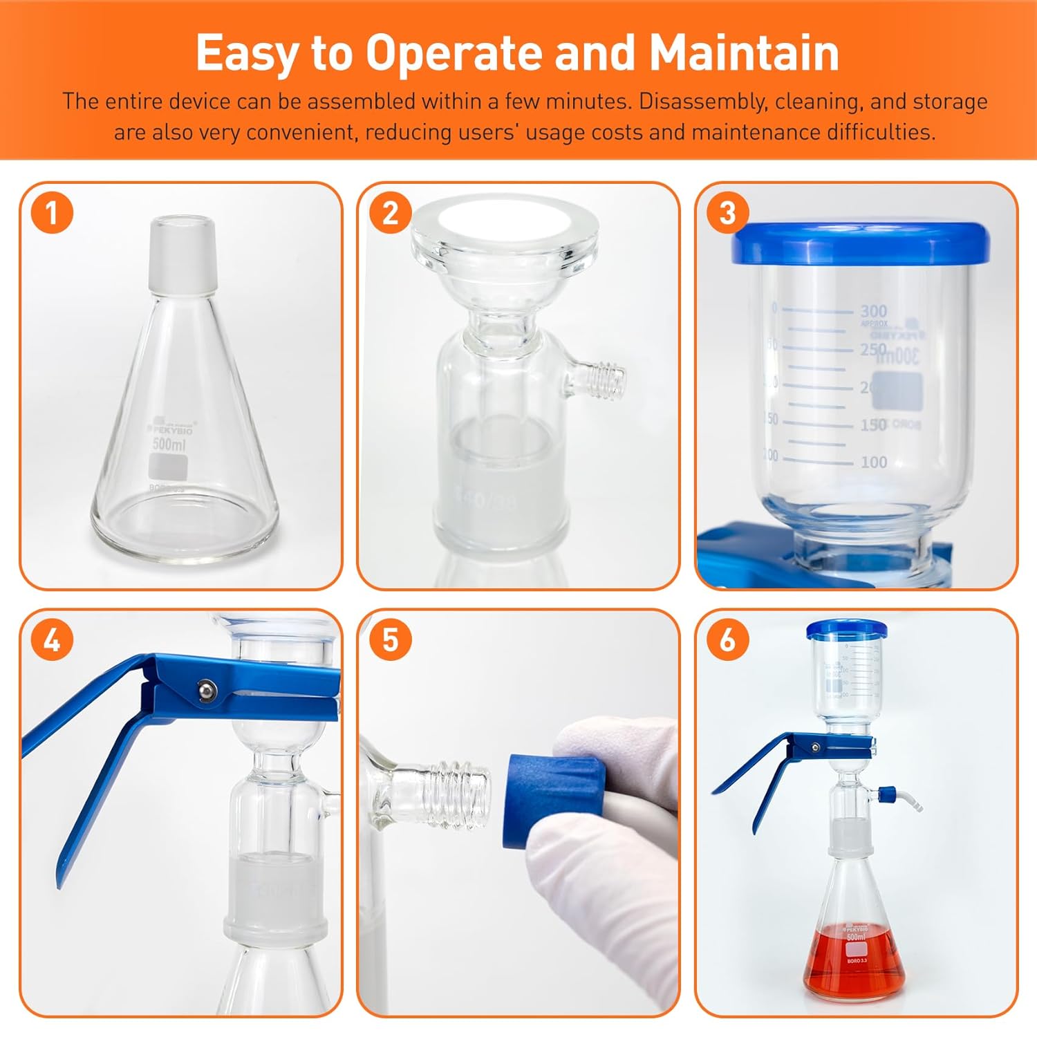 PEKYBIO 500ml Borosilicate Glass Vacuum Filtration Kit Includes 300ml Graduated Funnel,Filter Flask,Clamp and Vacuum Glass Sand Core Filter Head, Fast Lab Filtration for Oils