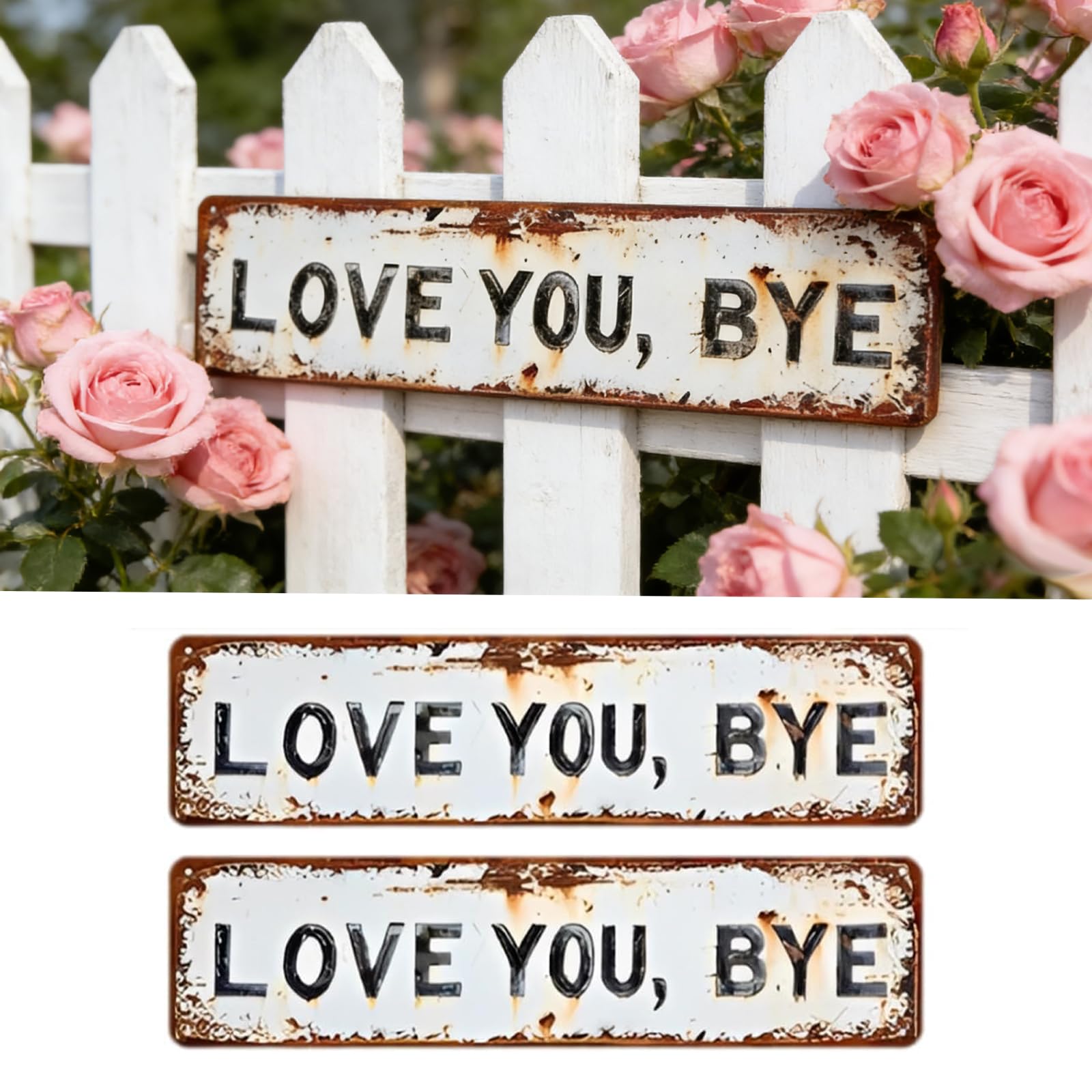 Love You,Bye Vintage Metal Wall Sign, 4 x 16 Inch Love You Bye Sign Above Door Metal Rustic Wall Art for Farmhouse Vintage Decor Entryway Hallway Decor, Warm Housewarming Gift (2PCS)