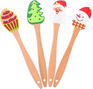 UPKOCH 4pcs Christmas Spatula Set with Wooden Handle, Santa Claus, Snowman, Christmas Tree, Cake Pattern - Christmas Kitchen Utensils for Baking, Cooking, Mixing, and Decorating