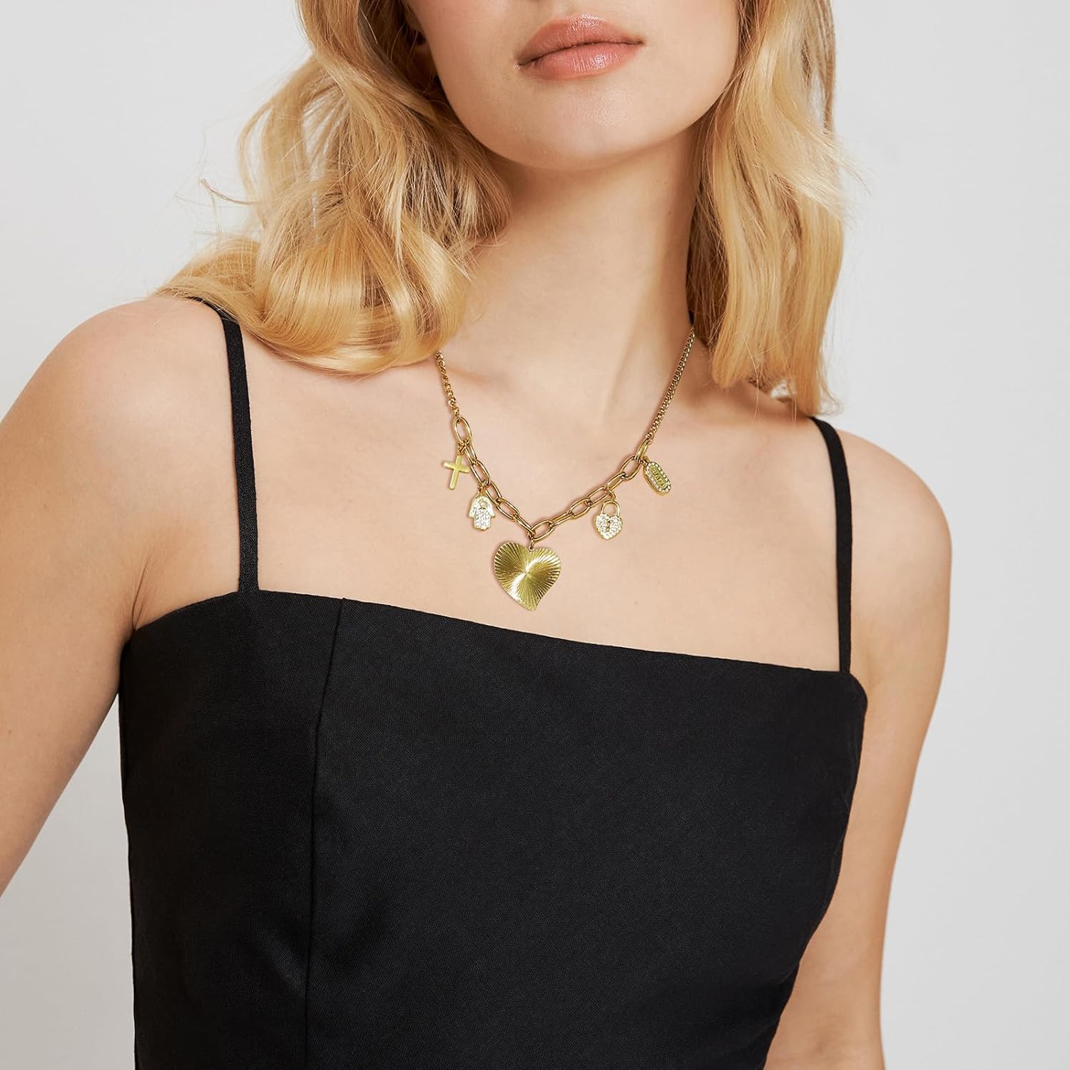 Gold Charm Necklace for Women Paperclip Chunky Heart Cross Tag Pave Lock Hamsa Pendant Necklaces Statement Gold Plated Choker Jewelry Gift - Image 5