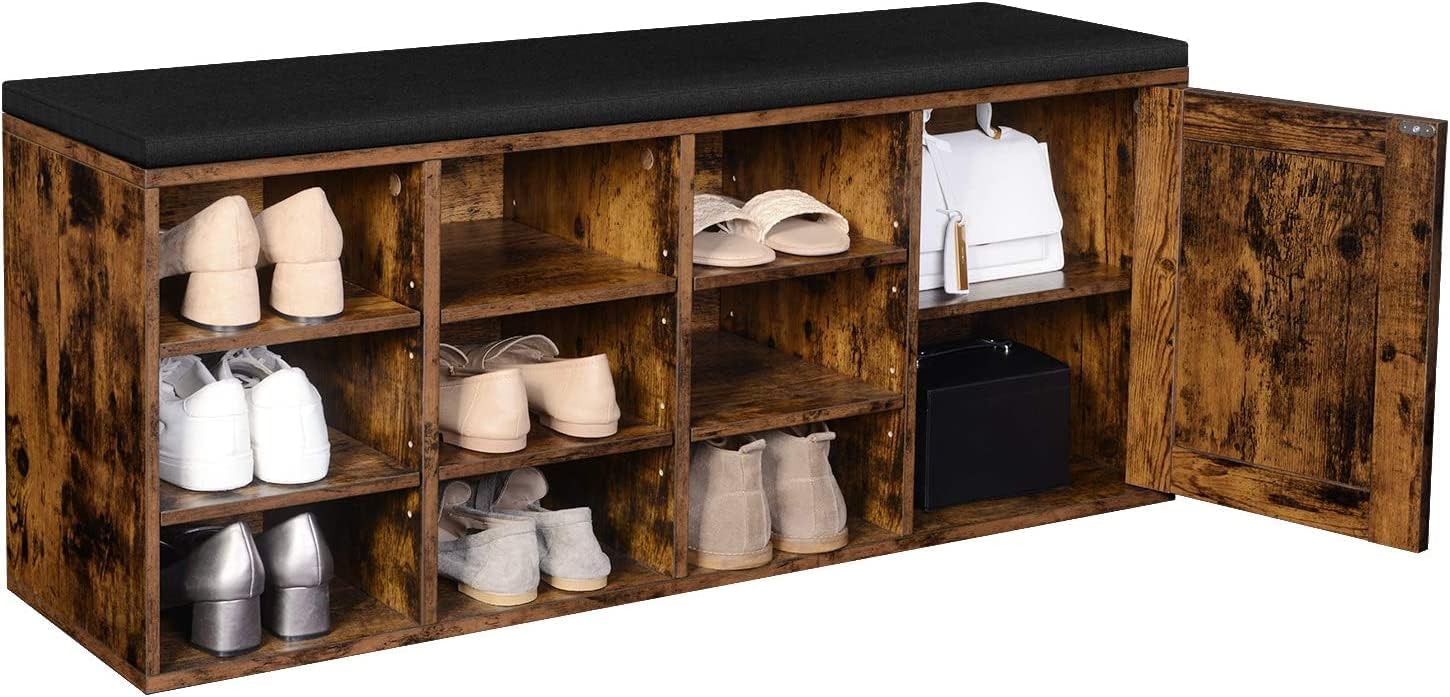 Tinkle Well Storage Bench with 9 Compartments and 1 Cupboard, Barn Door Entryway Shoe Organizer, Cabinet Rack with Padded Seat, Rustic Brown