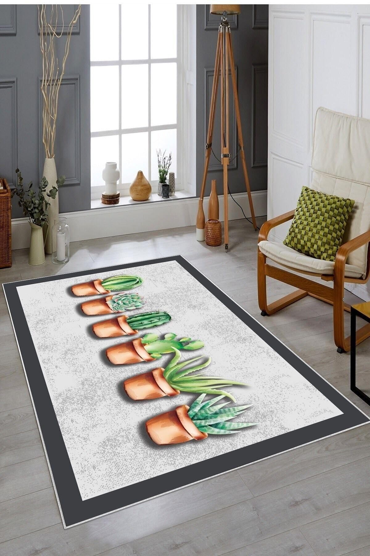 Pelangi Gri Kaktüs Desen Yıkanabilir Kaymaz Taban Leke Tutmaz Modern Salon Halısı Ve Yolluk, Açık Gri-Yeşil 80 x 600, 13581608060005