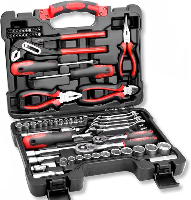 TOPEX Ensemble d'outils à main de 65 pièces, kit de réparation automobile portable de qualité supérieure avec pinces, tournevis, boîte de rangement/ensemble d'outils à main pour entretien à domicile