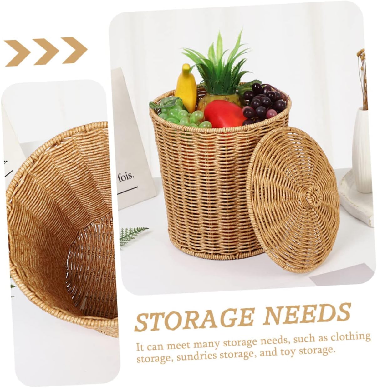 Storage Basket with Lid Organizer with Lid Storage Baskets with Round Rattan Waste Bedroom Storage Wicker Waste Tabletop Laundry Hamper Pp