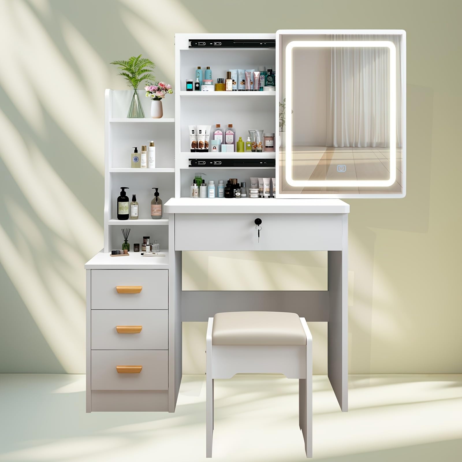 Vanity Desk and Chair Set, 100CM Make Up Table with Mirror, Light and Seat, Makeup Dressing Table with Lockable Drawer & Organizer Shelves, Dresser with Lighted Mirror and Stool For Girl Women Bedroom