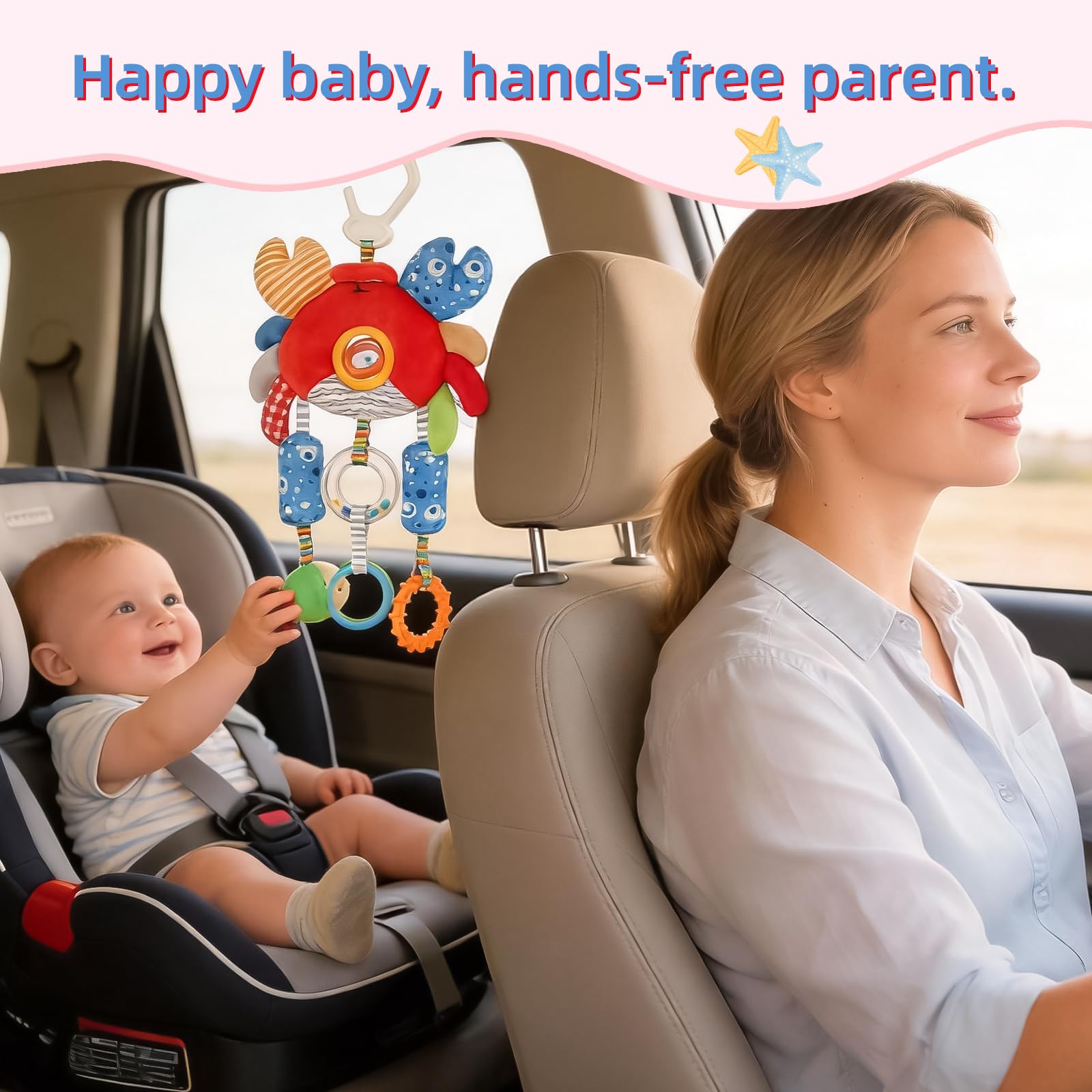 littlove Roadtrip Car Seat Toys for Baby 6-12 Months, Infant Travel Sensory Toys with Clip, Soft Montessori Hanging Plush Toys Wind Chime, Teether, Rattle, Squeaky for Newborn Boy Girl Gifts - 4