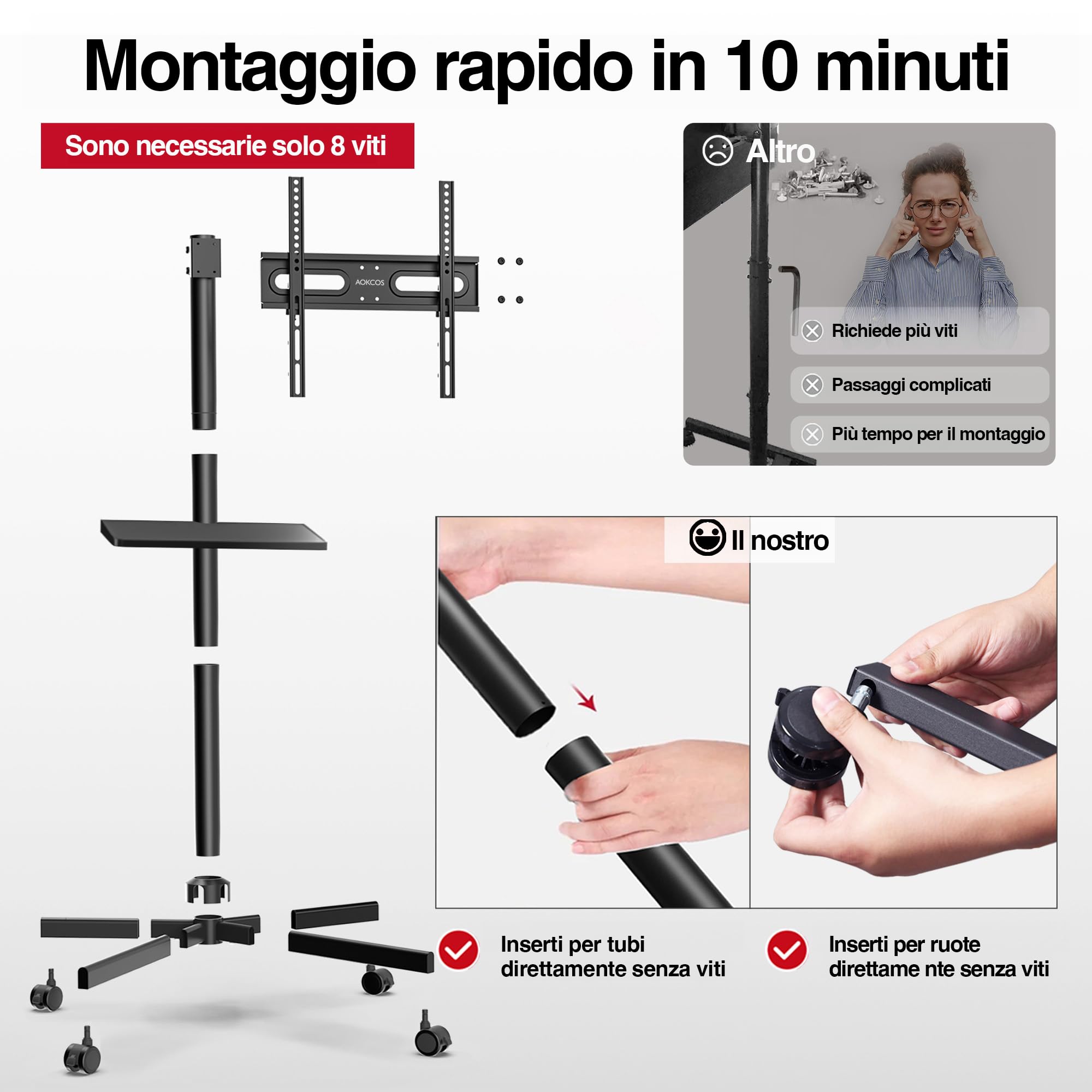 AOKCOS Supporto per TV da 32 a 65 pollici, carrello regolabile con ruote, VESA 400x400 mm, 40 kg, nero