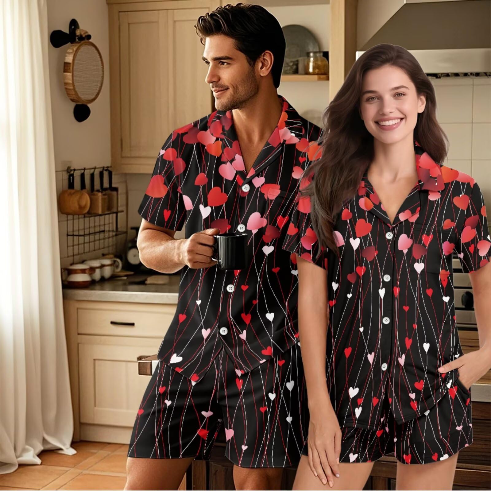 Conjunto de pijama a juego para parejas, de manga corta, con botones, ropa de dormir, Corazones rojos, M