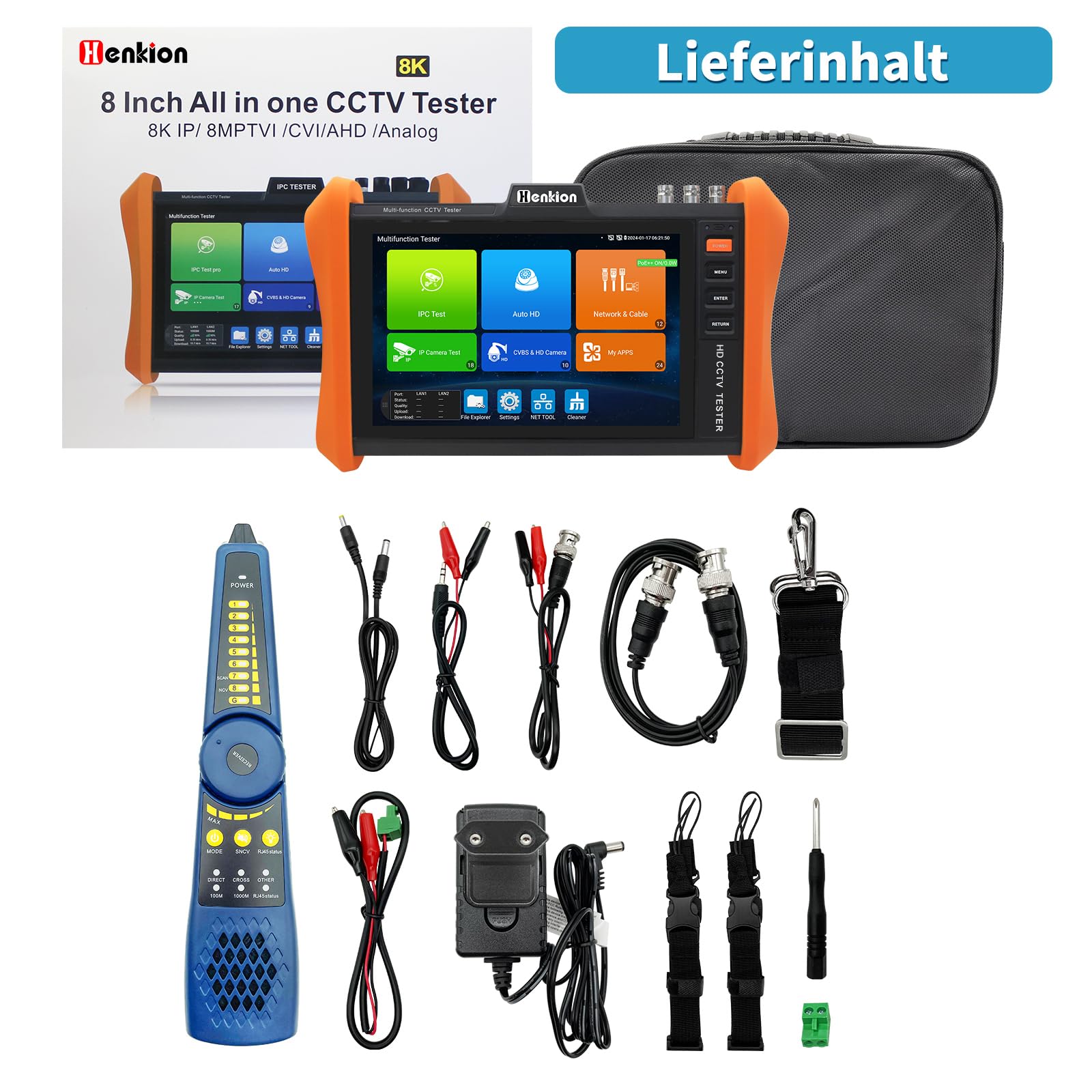 Henkion IPC CCTV Tester H12-ADHS Mit 8 Zoll IPS Touchscreen Monitor, CCTV-Kameratester Unterstützt 8K 32MP IP Und 4K 8MP TVI CVI AHD SDI-Kameratests, Kabeltester SFP POE HDMI/VGA WiFi RS485