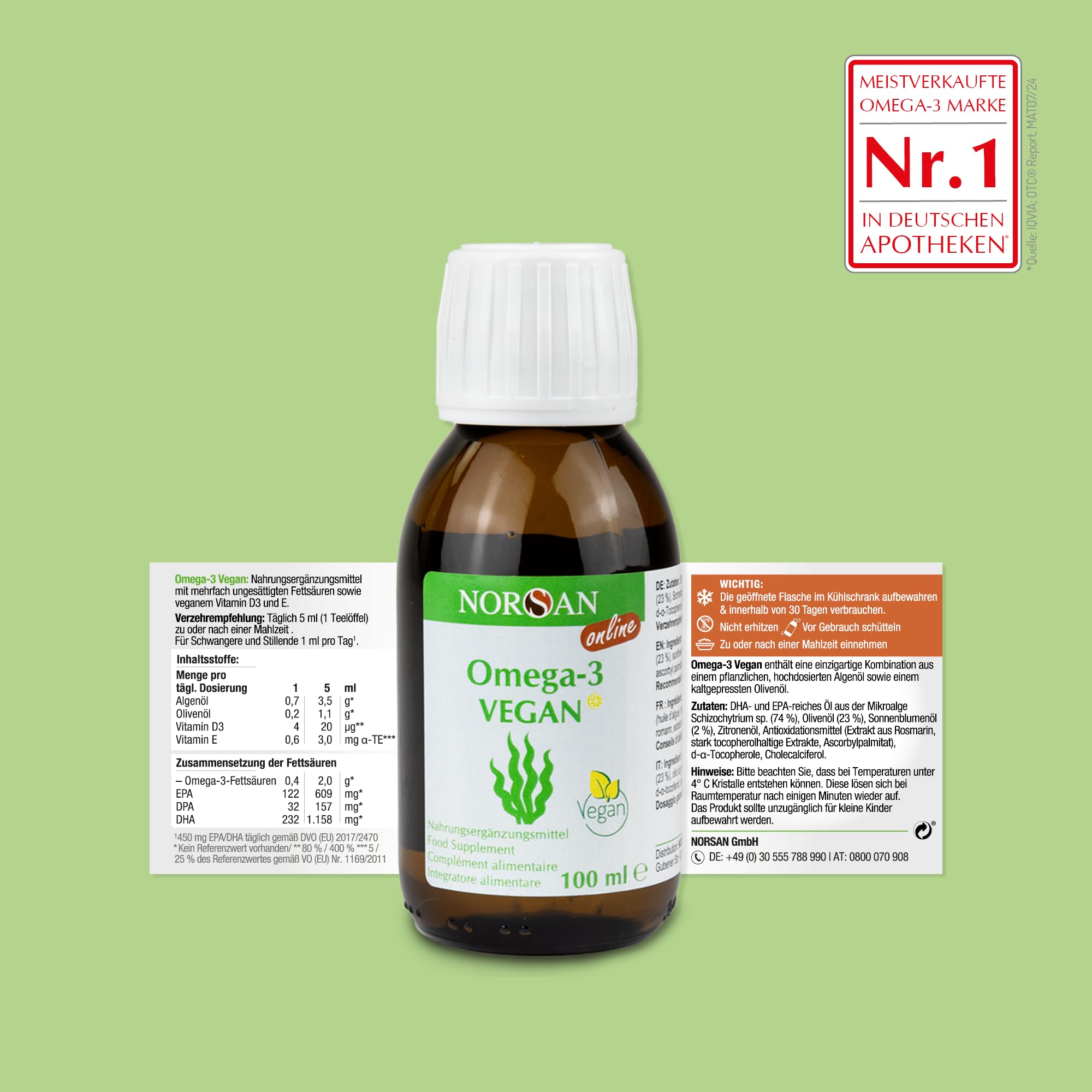 NORSAN Premium Omega-3 Vegan Öl hochdosiert 3 x 100ml - 2000 mg Omega-3 Tagesdosierung-Algenöl reich an EPA & DHA - 800 IE Vitamin D3