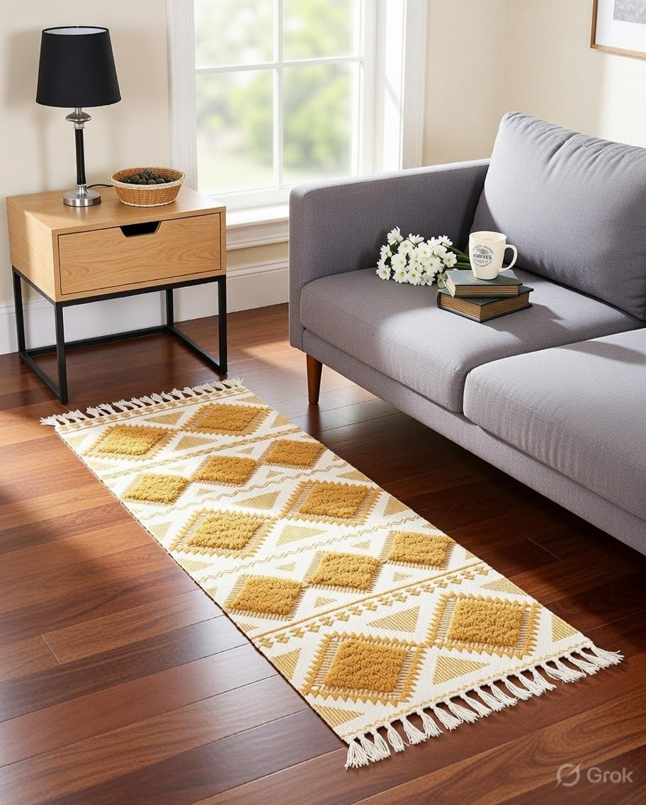cotton floor runner rug 2x5 feet | soft anti-slip washable carpet mat for bedroom, living room, kitchen & hallway | long bedside runner, non-skid home decor rug for sofa & door entrance – yellow