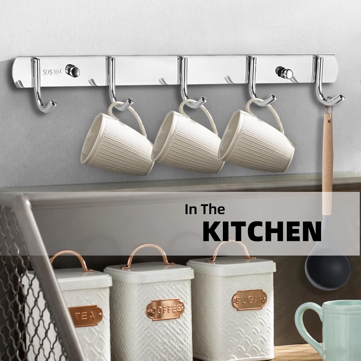 TooCust Wall Hooks for Hanging, Silver Coat Rack Wall Mount with 5 Coat Hooks 14.5", 304 Stainless Steel,Towel Hanger, Hat Hooks, Robes Hook in Bathroom, Bedroom, Kitchen, Living Room (2 Pack) - Image 6