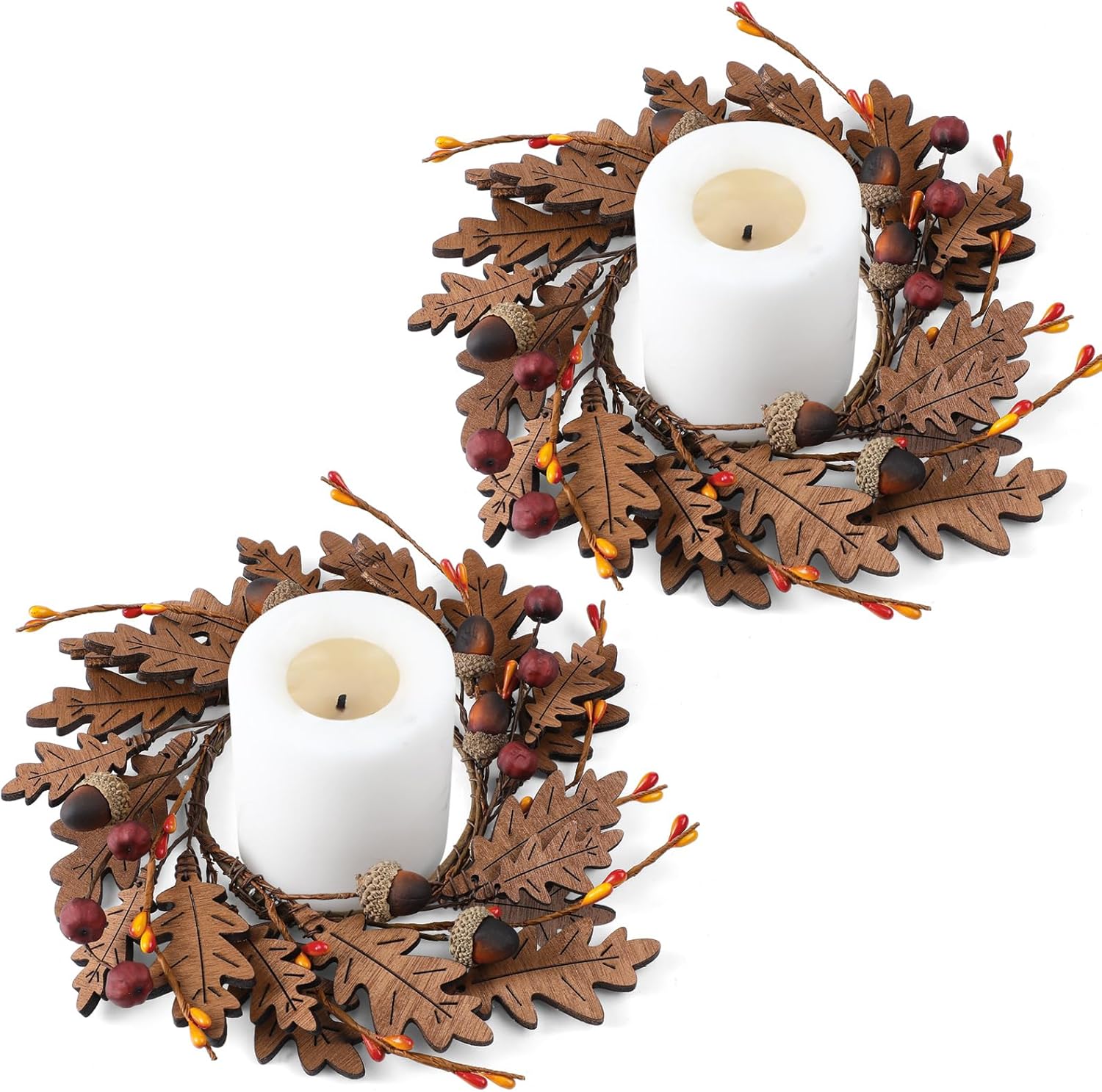 2 Pcs Fall Thanksgiving Candle Rings Maple Oak Leaves Acorn Vintage Wood Wreath for Pillar 3.9 Inch Candles Holder for Autumn Fall Thanksgiving Winter Christmas Rustic Table Centerpiece Decor