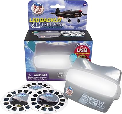 WARM FUZZY Toys LED Backlit 3D Viewer – (Planes) – New 2025 USB-C Rechargeable Viewer for Kids & Adults Includes 3 Reels with 21 HD 3D Images – Patent-Pending Retro Toy, No Light Source Needed