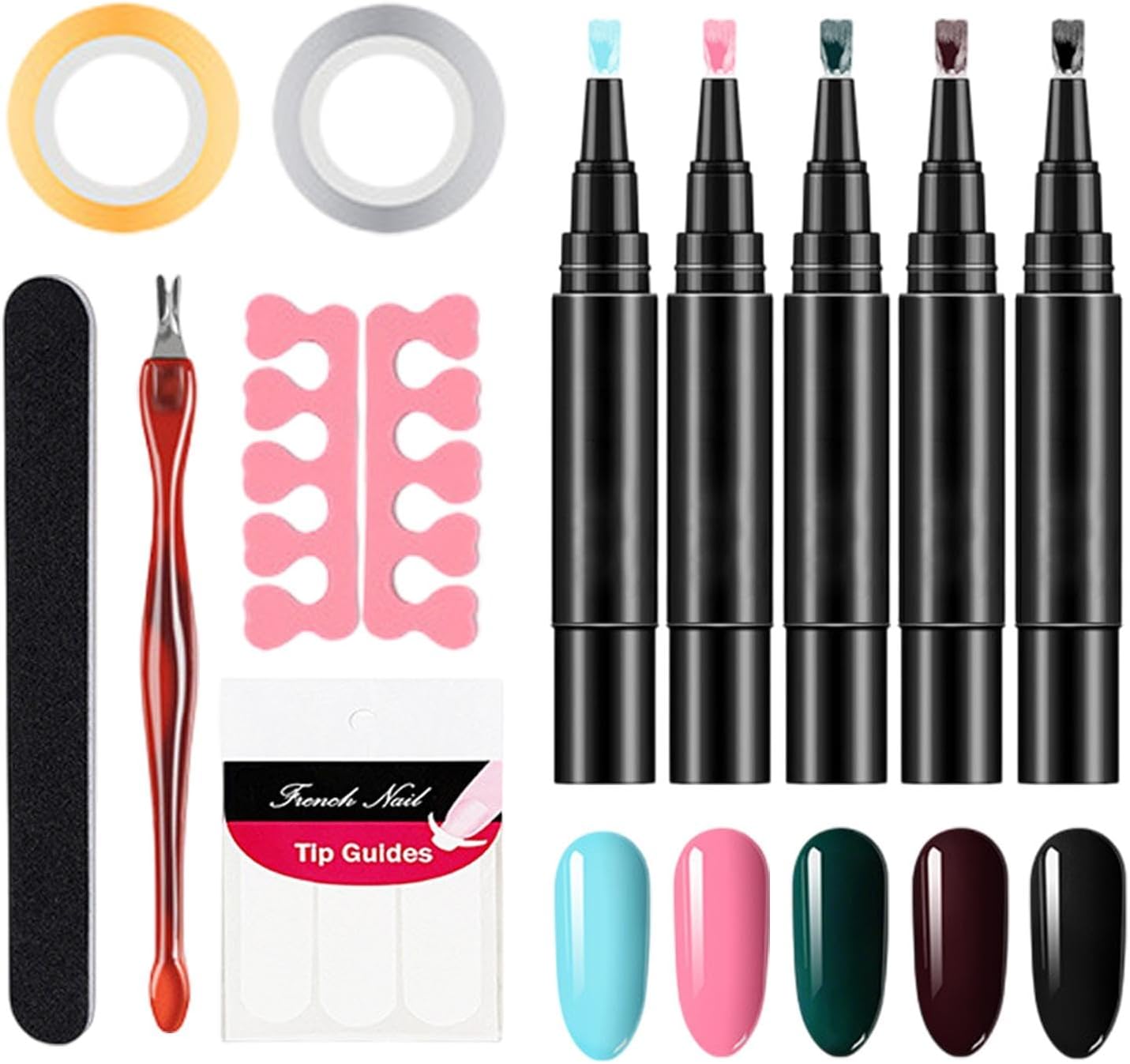 Naíl Art Pennenset – Gel Naíl Verfpennen, 5 kleuren Naíl Polish Pennen, Naíl Art Pennen Set, Sneldrogende Naíl Polish met Gouddraad, Zilveren Draad, Franse Naíl Tip, Dead Skin Vork, Spons Naíl Polish