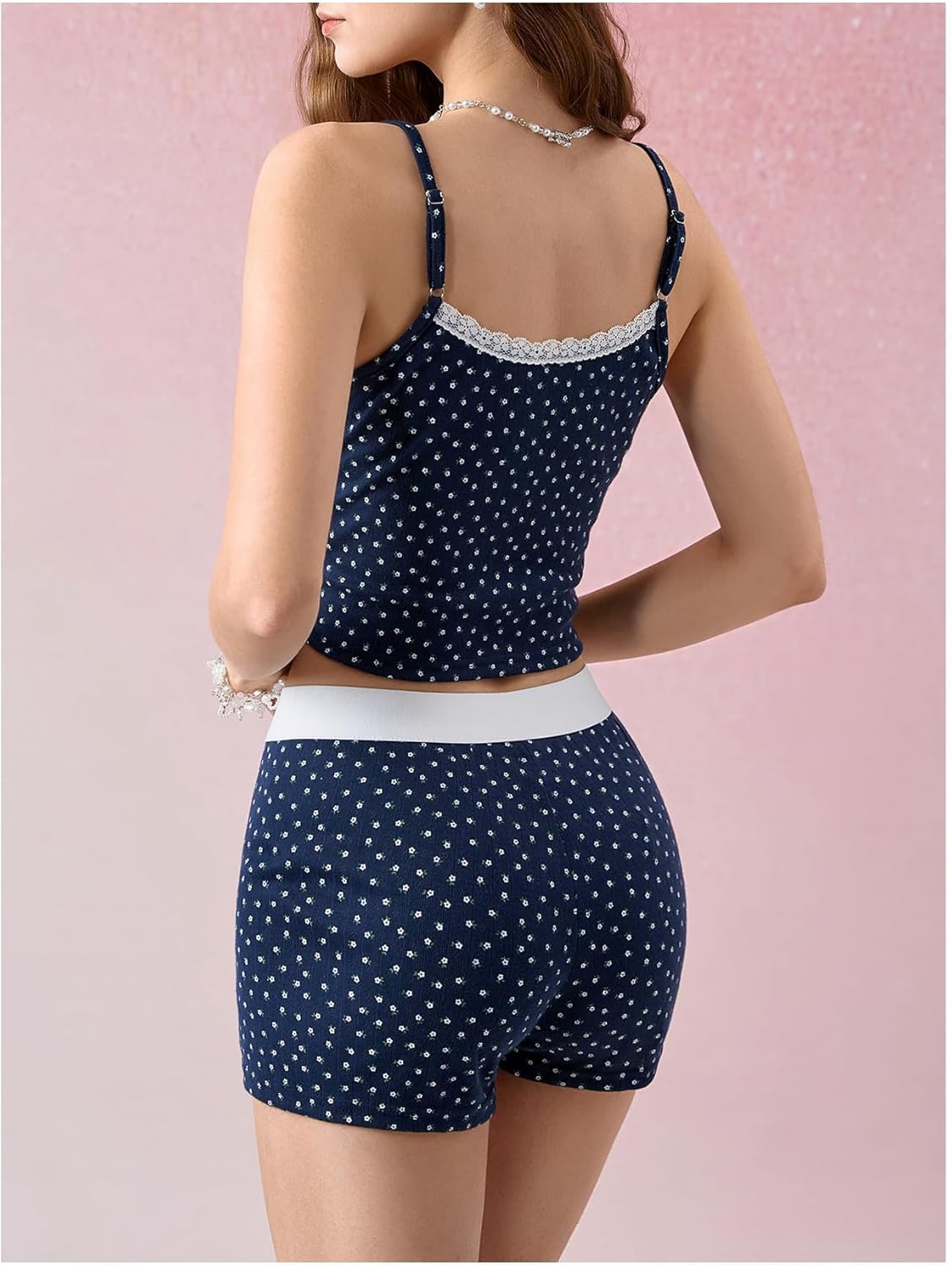 Milumia Women's 2 Piece Outfits Ditsy Floral Lace Trim Bow Cami Crop Top Skinny Shorts Set - Image 2