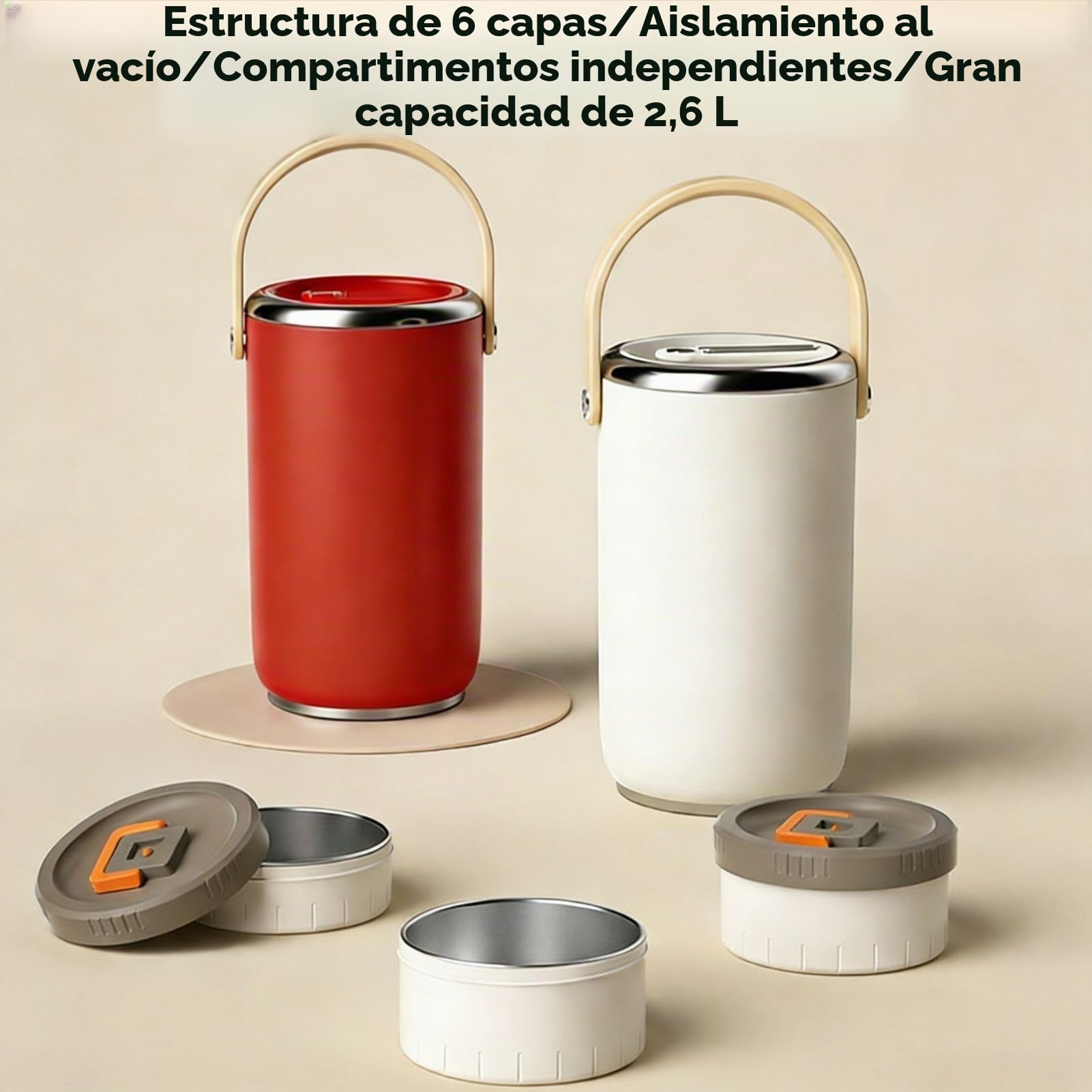 Termo Comida Caliente 2600 ml, Recipiente Térmico para Alimentos de Acero Inoxidable con 3 Compartimentos, Fiambrera Térmica para Oficina, Picnic al Aire Libre (Blanco)
