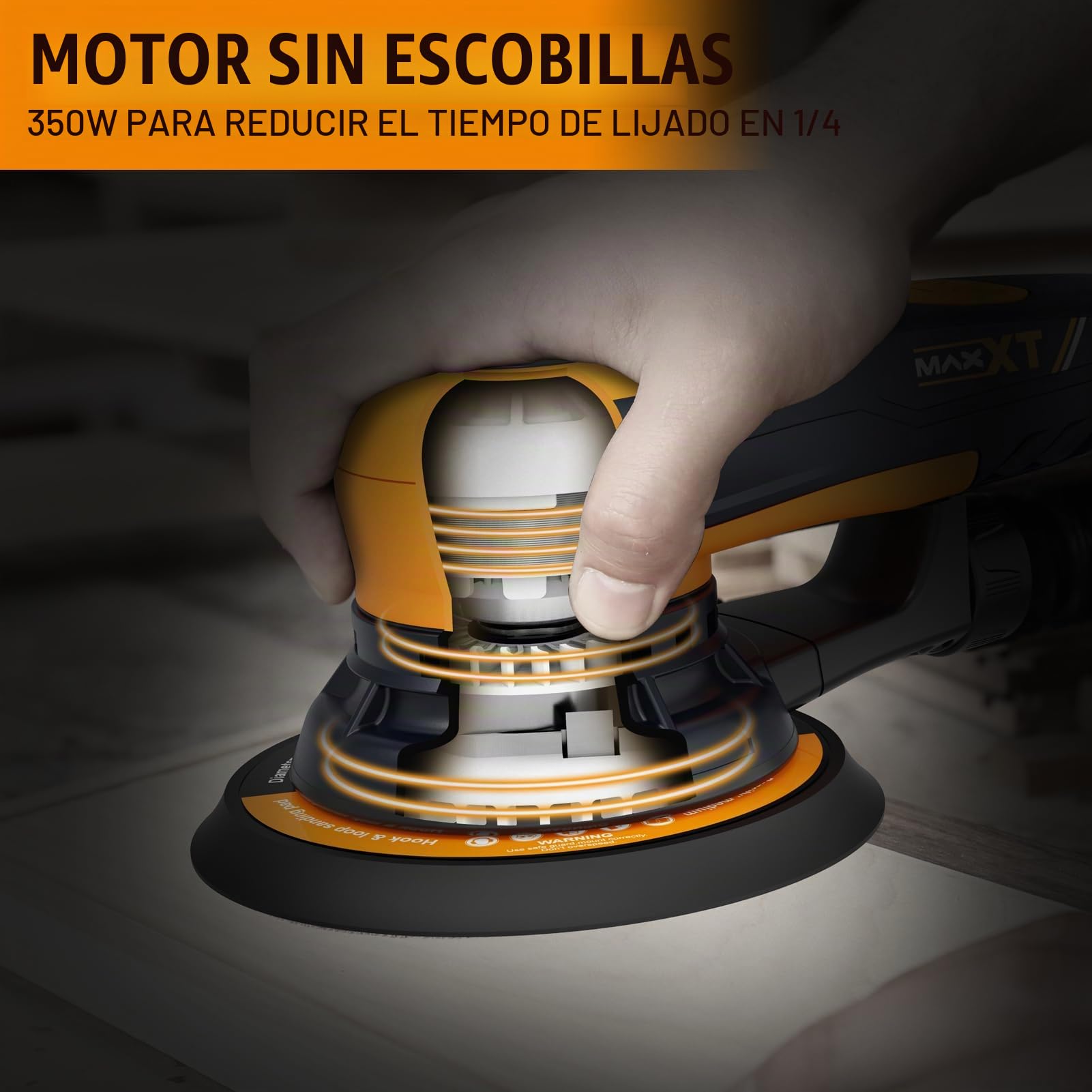 Lijadora orbital aleatoria MAXXT 5,0mm sin escobillas Lijadora eléctrica 350W | 6 velocidades ajustables (4000-10000 rpm) | Plato lijador 150 y 125 mm | Incl. caja práctica, 20 hojas de lija | Frenado