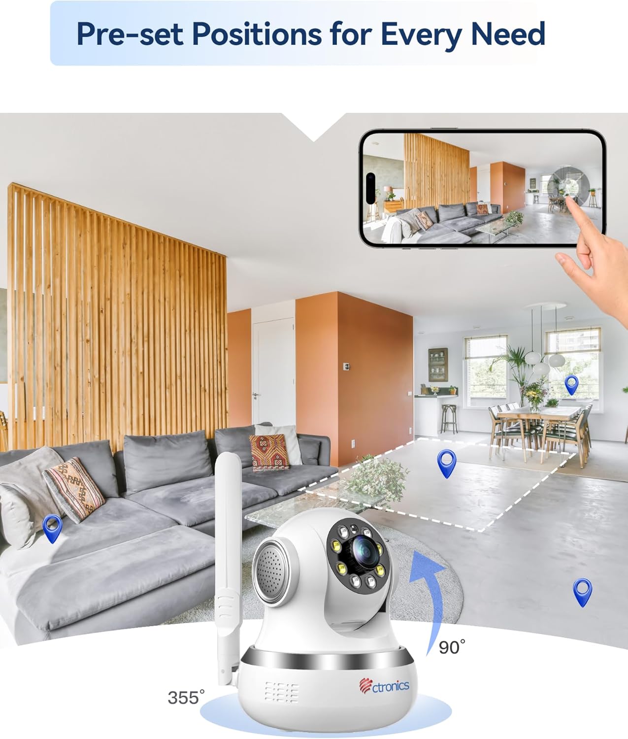 Ctronics camera showing 355 degree pan and 90 degree tilt range