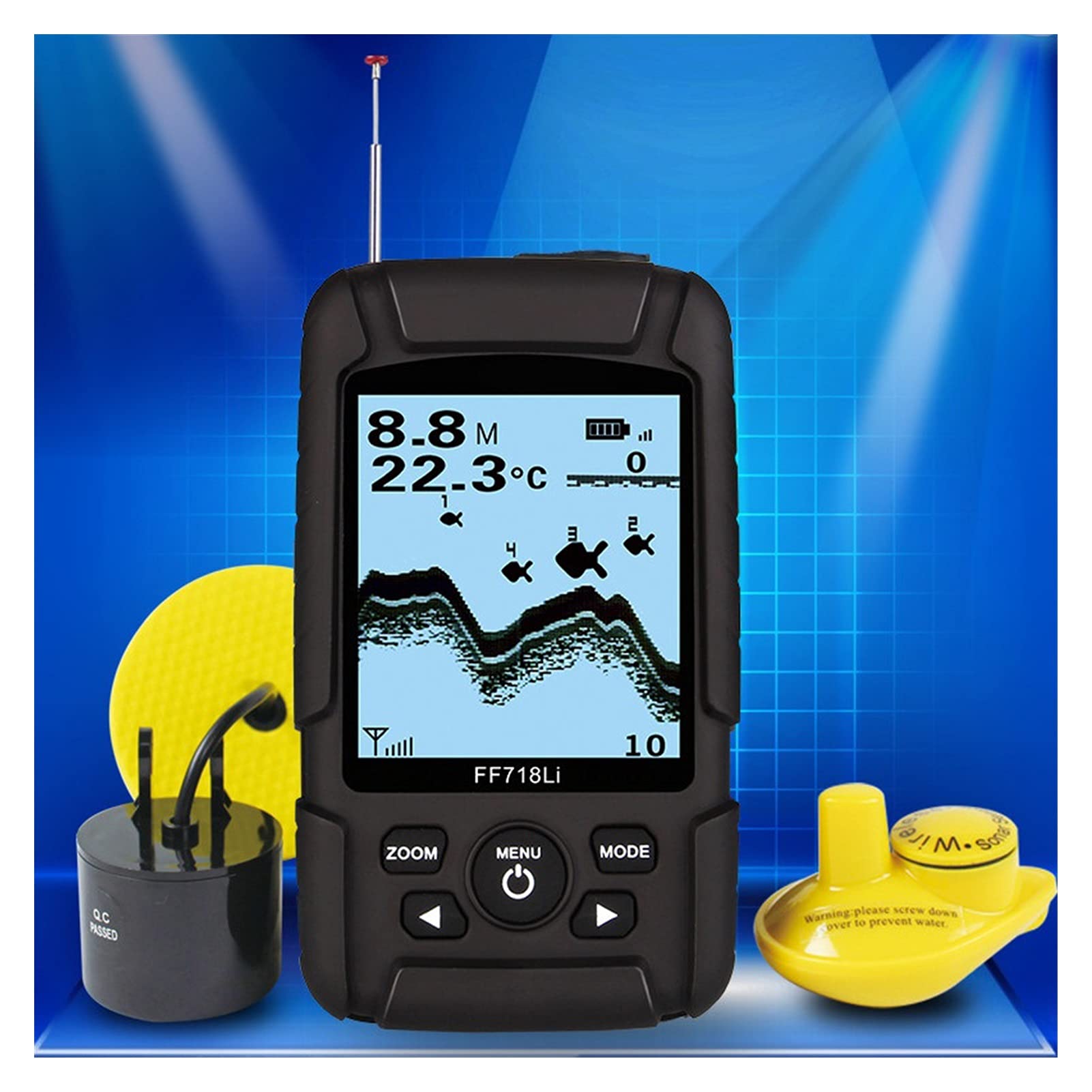 Sonar Trasduttore 2-in-1 Cablato e sensore Wireless Portatile Pesh Finder 328ft / 100m profondità(718LI-W)