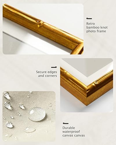 Miniatura 4 de VIYYIEA Diseño de detalles de bambú, arte de pared con marco dorado para sala de estar, impresiones en lienzo de grúa, pinturas al óleo de animales,