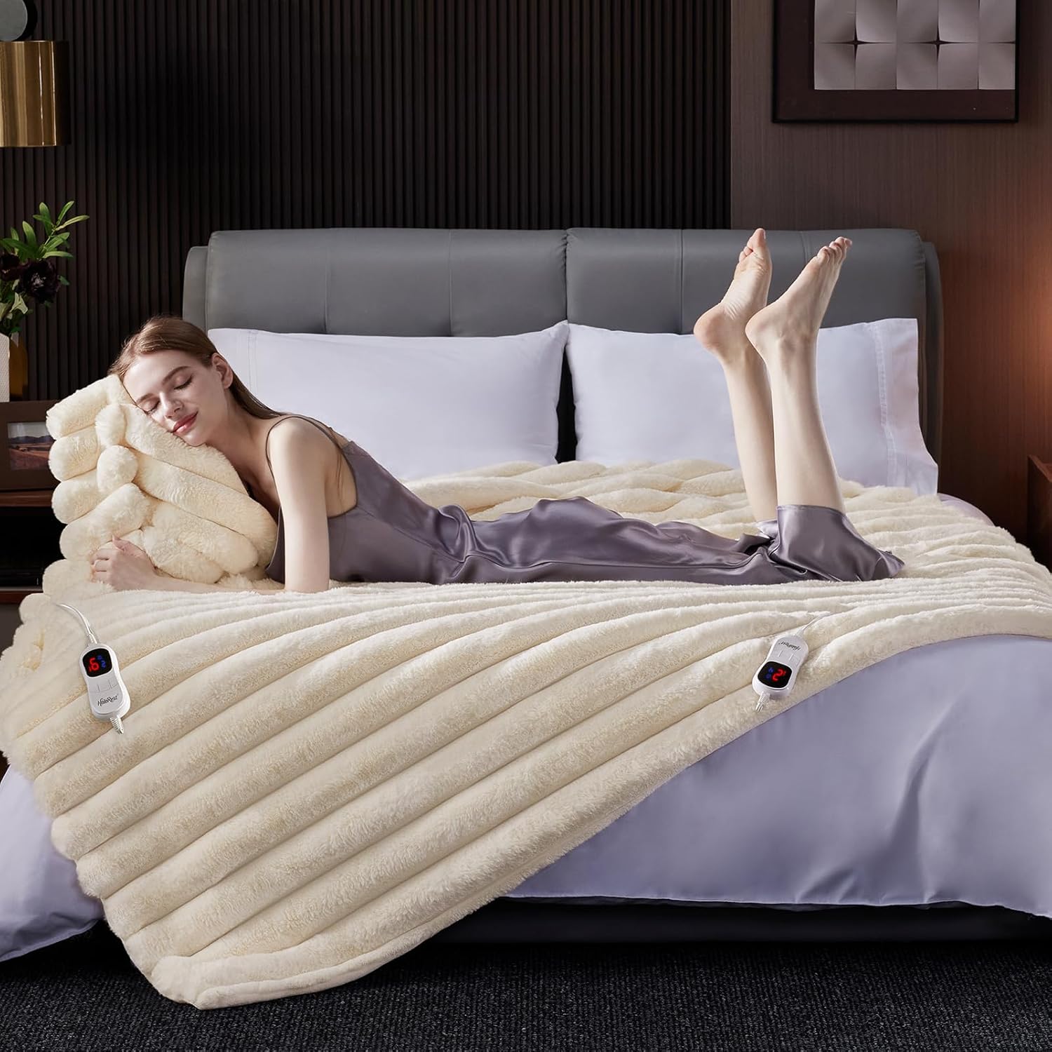 Heated Blanket Queen Size, Faux Fur Cozy Heating Blanket with Overheat Protection, 1/2/4/6/8 Hours Auto-Off 10 Heat Level, Machine Washable (84x90 Inches, Cream White) - Image 5