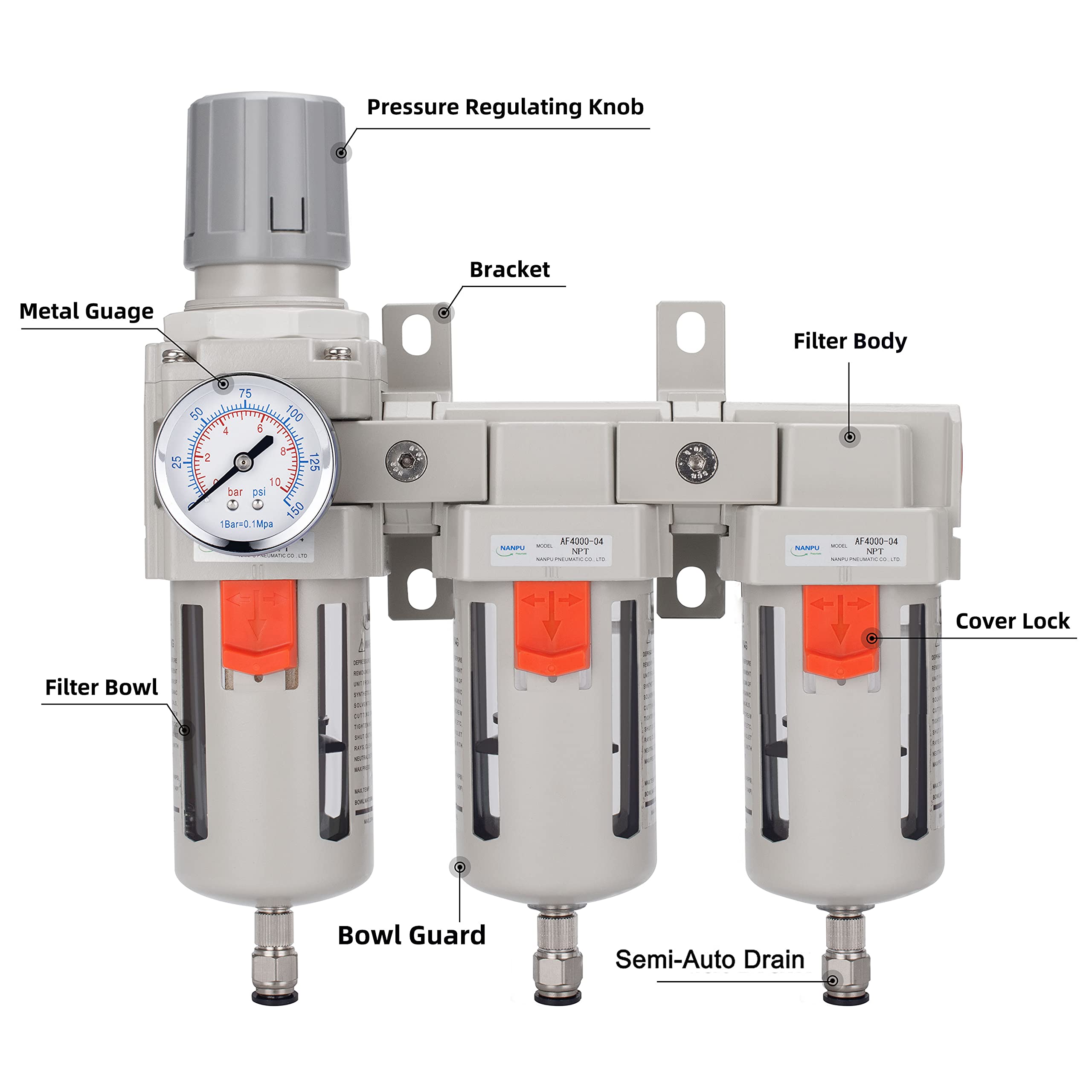 NANPU NPT 6,35 mm, 9,5 mm, 1,27 cm, podwójny filtr powietrza, regulator ciśnienia powietrza, mosiężny element 5 mikronów, manometr 0-150 psi, ręczny drenaż, metalowy uchwyt