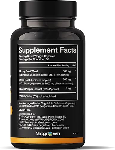 Miniatura 2 de Natgrown Suplemento de extracto de raíz de maca y hierba de cabra cachonda para hombres y mujeres (extracto de epimedium, hierba de cabra), cápsulas