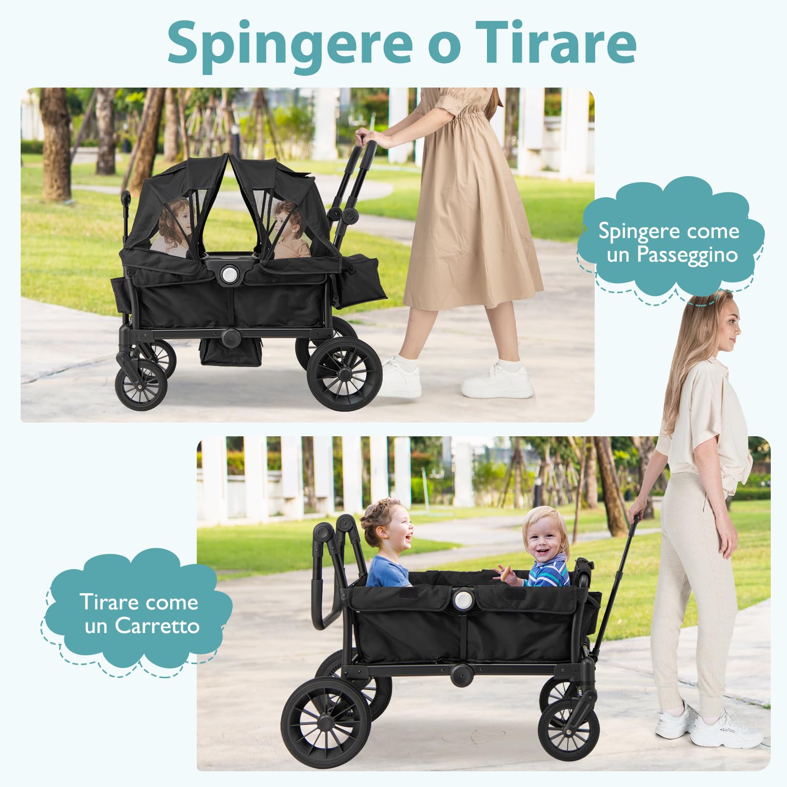 COSTWAY Passeggino Doppio Pieghevole, Passeggino Gemellare con Manico Regolabile, Tettuccio Rimovibile, Portabicchieri, per Bambini da 6+ Mesi, 104 x 57 x 107 cm (Nero)