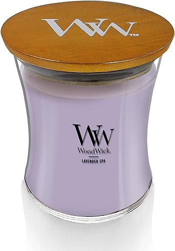 Vista 2 de WoodWick Lavender Spa - Vela mediana en frasco con forma de reloj de arena, cera de mezcla de soja prémium, mecha de madera Pluswick Innovation, 60