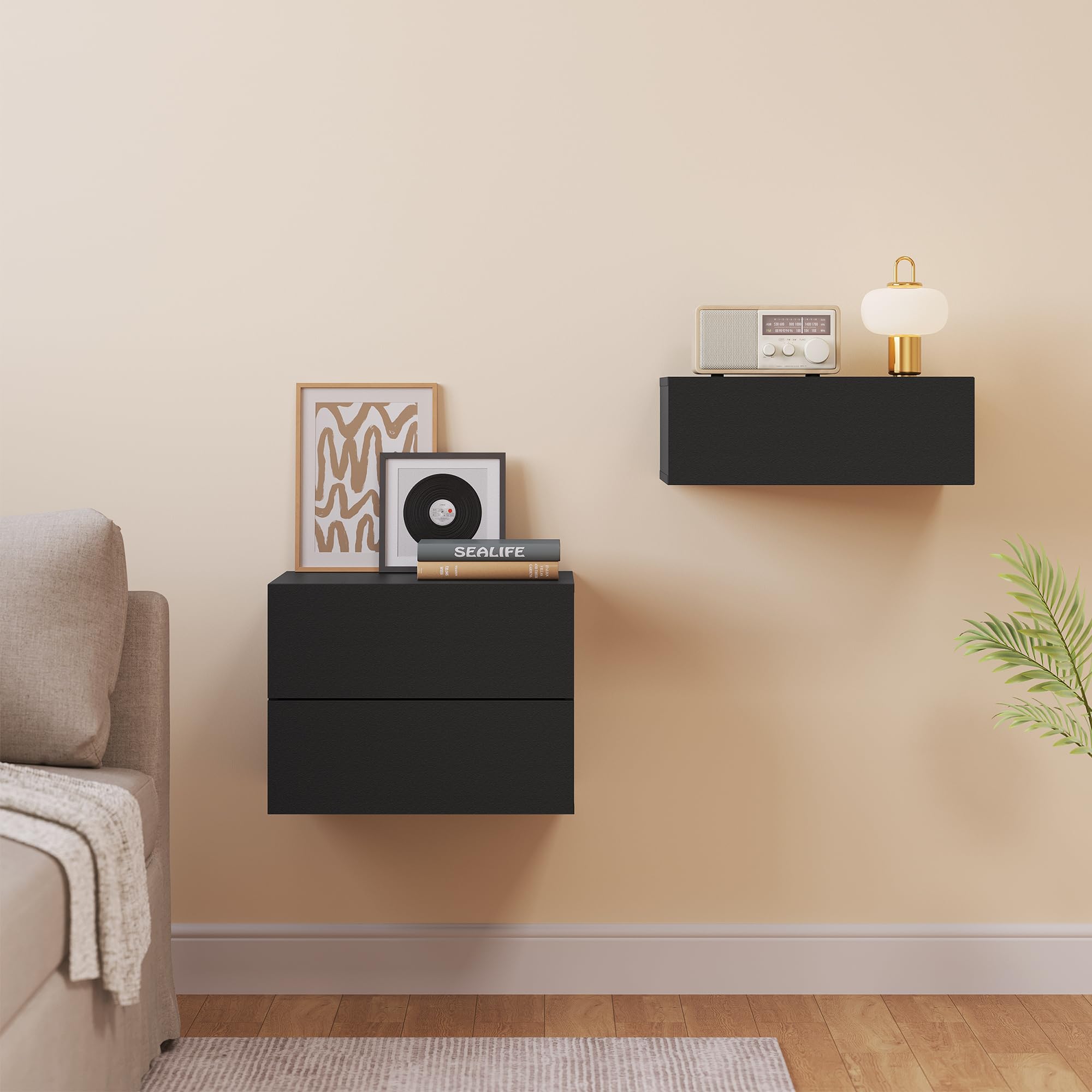 Set Di 2 Comodini Galleggianti Neri Con Stazione Di Ricarica (2 Prese + 2 USB) E Cassetto – Design Moderno In Legno Per Camera Da Letto - 3