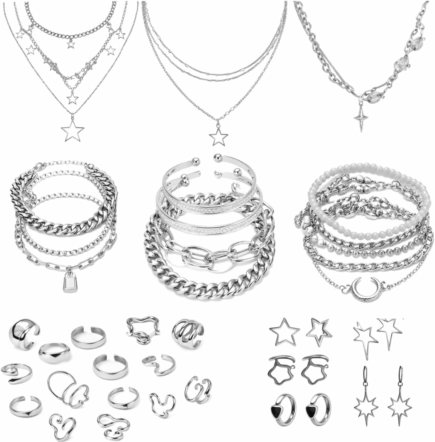 Tudomro 42 Pcs Silver Y2k Necklace Bracelets Jewelry Set for Women, Grunge Emo Gothic Accessories, Heart Star Layered Necklace Rings Ear Cuffs Earring Alt Jewelry for Kawaii Clothes & Y2k Aesthetic