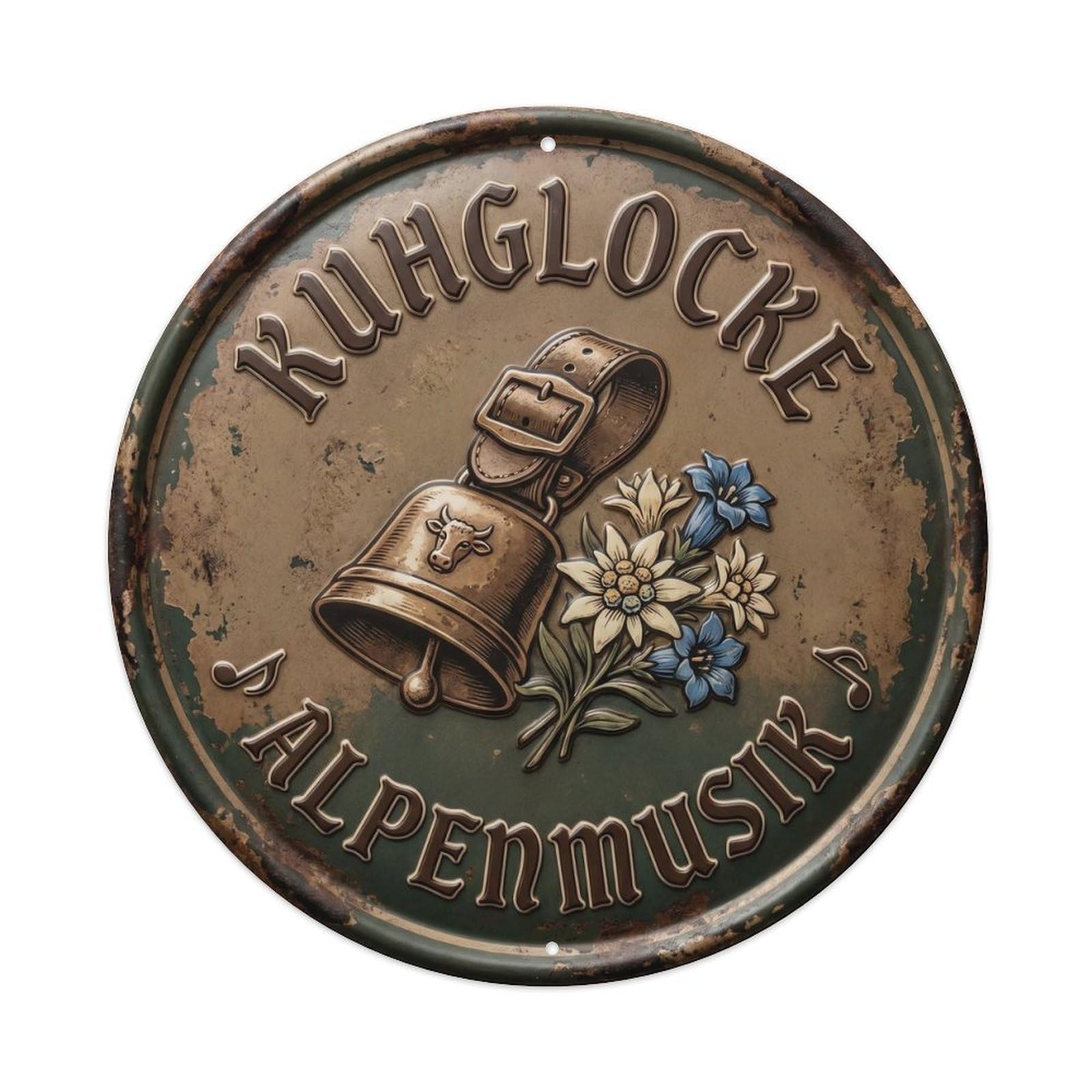Vintage Bar Style Kuhglocke Traditional Alpine Cowbell Metal Tin Sign Plaque Wall Decor for Cafe, Club, Garden Round Metal Poster 8x8Inch