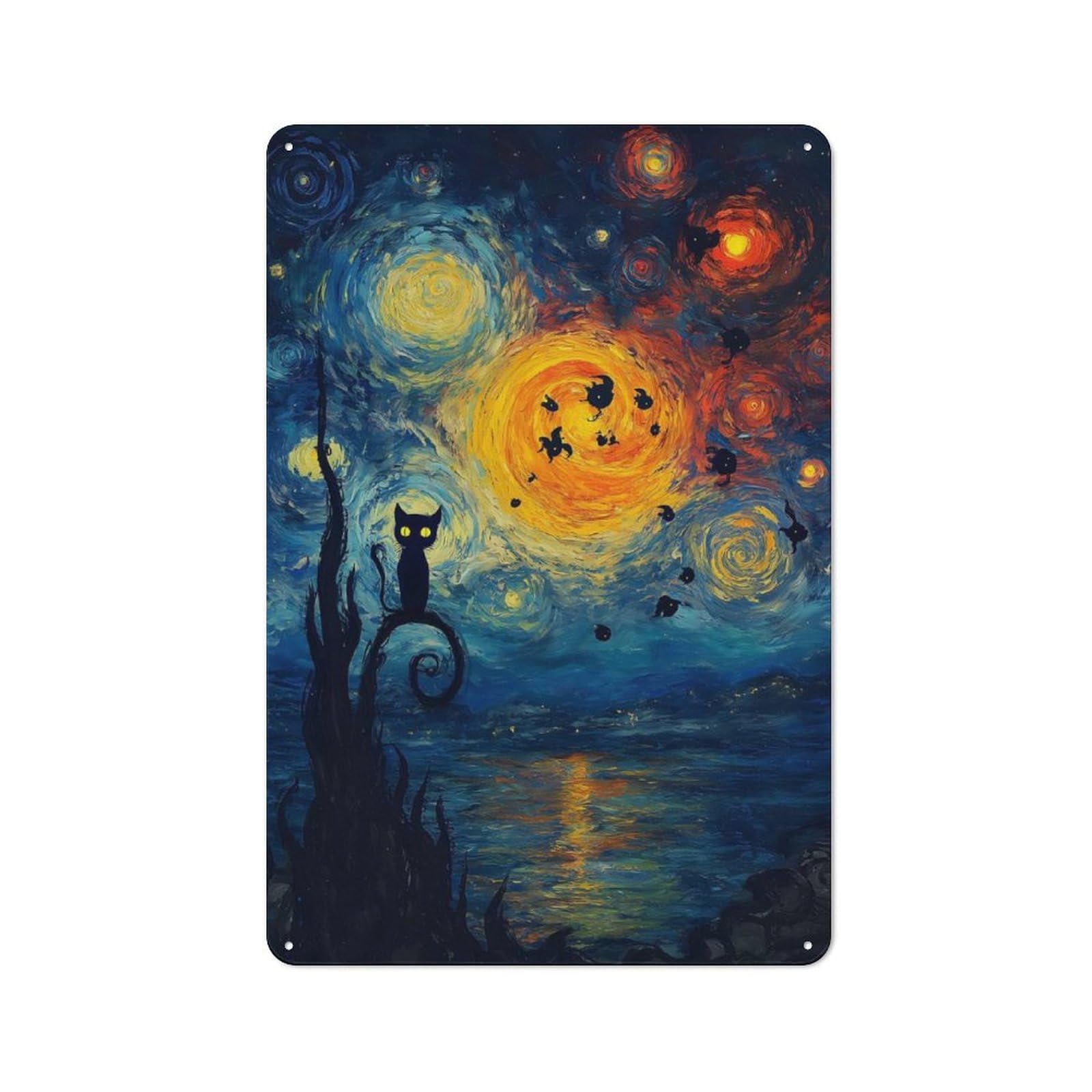 Junmoney Starry Night Cat Silhouette Retro-Style Metal Plaque 30X20cm For Garage Or Workshop, For Garage, Workshop And Man Cave Decoration