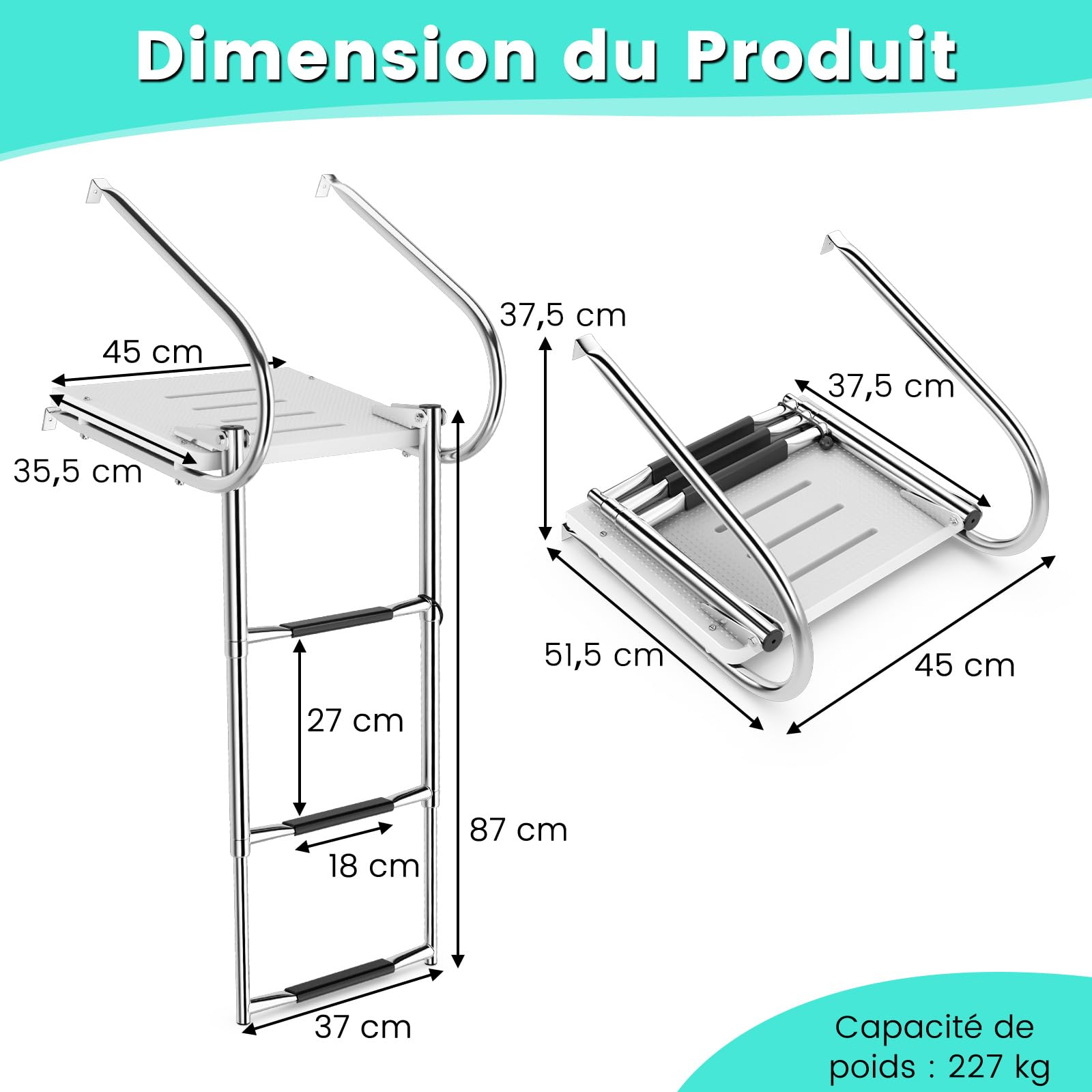 GOPLUS - Escalera de plataforma de 3 escalones de fibra de vidrio, escalera telescópica de acero inoxidable plegable para barco pontón con 2 rampas, pasos antideslizantes, para yate