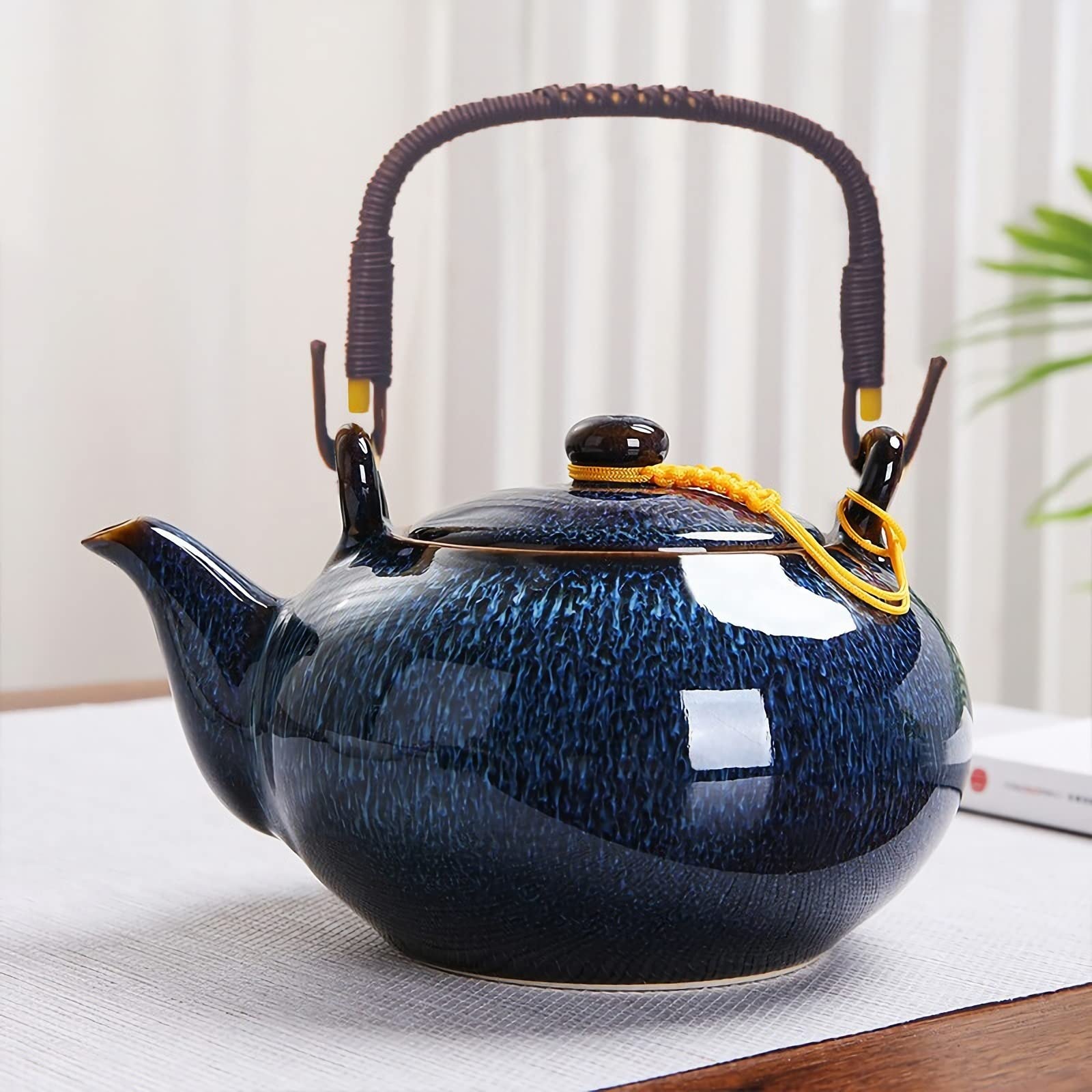Service à thé chinois en céramique, théière de 600 ml et 6 tasses de 120 ml, service à thé kungfu changeant de four, théière asiatique pour les amateurs de thé, bleu