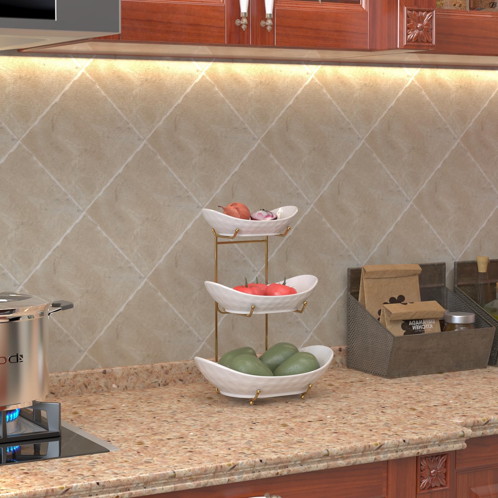 Fruit Bowl Basket for Kitchen Counterï¼ŒAcliys Ceramic Decrative Serving Bowl, 3 Tier kitchen Decor Organizers and Storage for Farmhouse Snack Breads Dessert Cake Tray for Party Weddingï¼ŒGold white