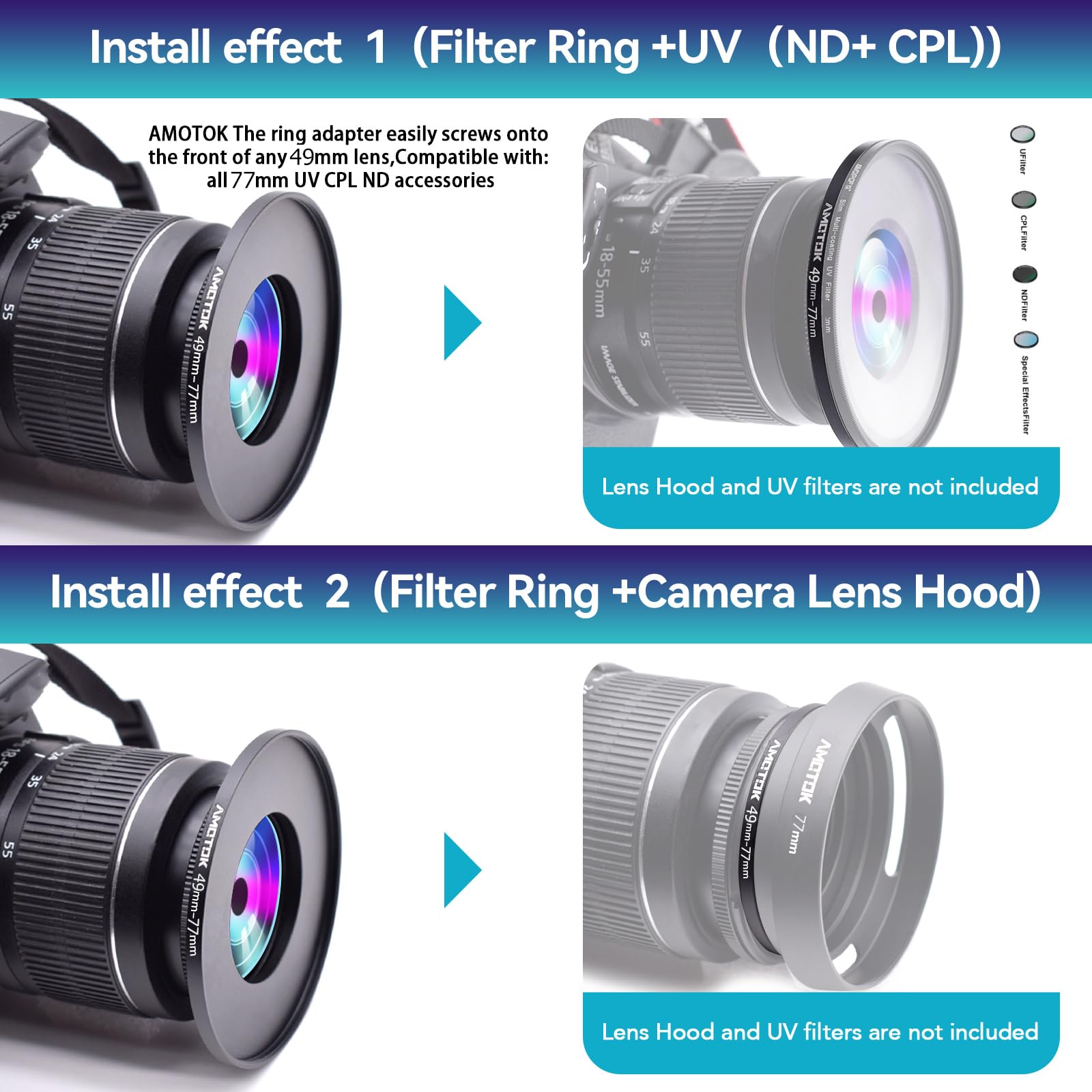 49mm a 77mm Adaptador de Lente de,Anillo Adaptador Paso hacia Arriba de Filtro de 49mm a 77mm,Compatible con Todos los Accesorios de Filtro de 77mm,Hecho de mecanizado CNC — view 6